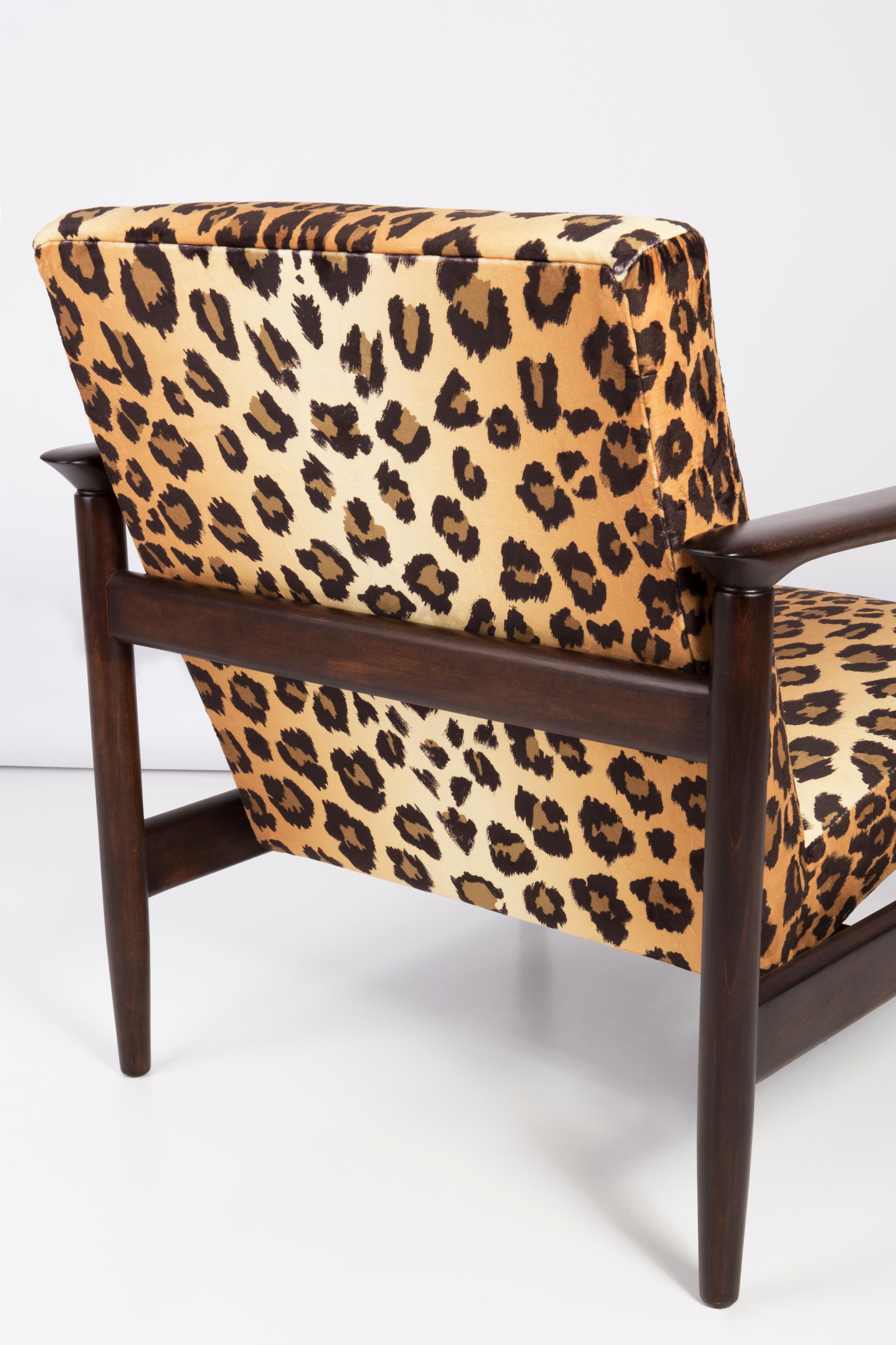 Hand-Crafted Leopard Velvet Armchair, Hollywood Regency, Dark Wood, Edmund Homa, 1960s Poland For Sale