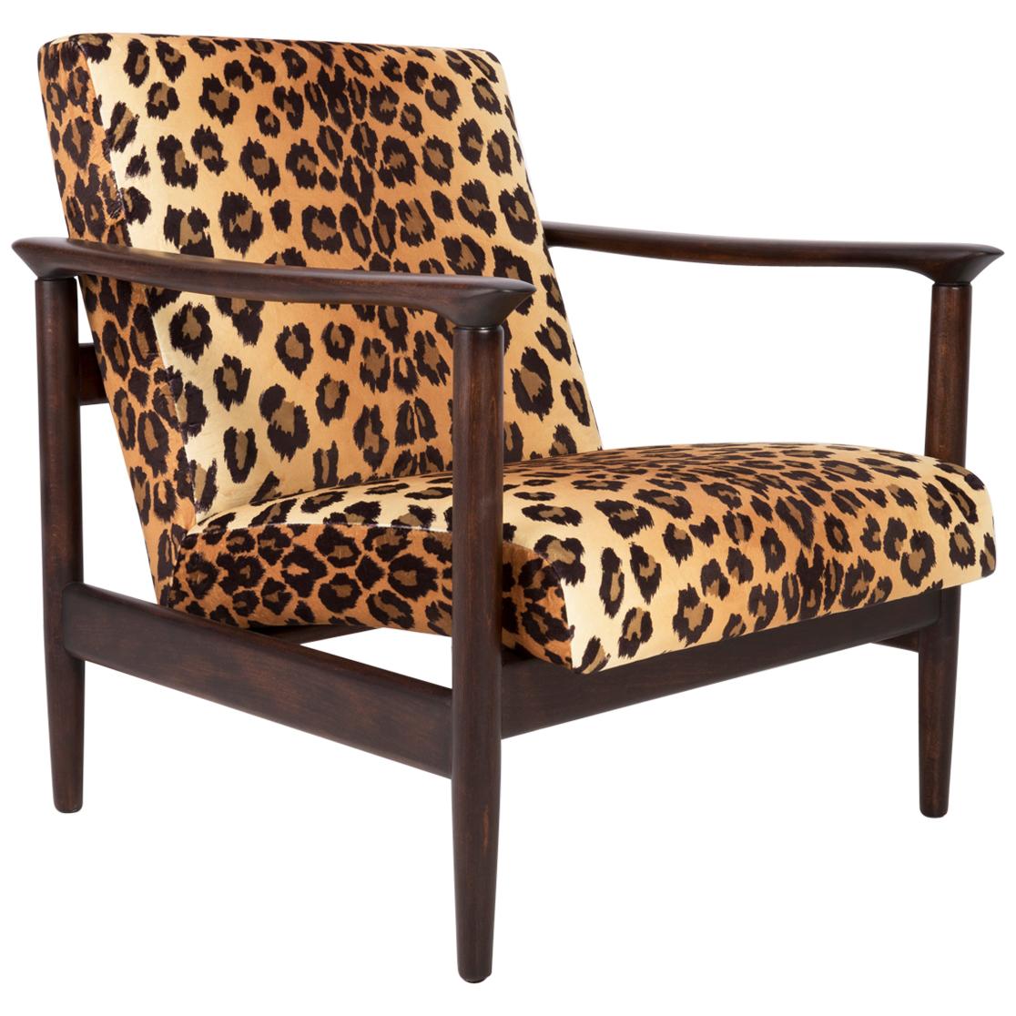 Leopard Velvet Armchair, Hollywood Regency, Dark Wood, Edmund Homa, 1960s Poland For Sale