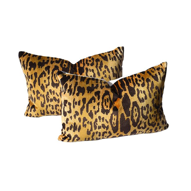 Animal motif leopard print lumbar pillow. Multiple available. The front features the gorgeous thick velvet Leopardo print. Back features a crisp cream. Down-filled. Knife edge with zipper. In the style of Scalamandre's Leopardo print.

Note: We've