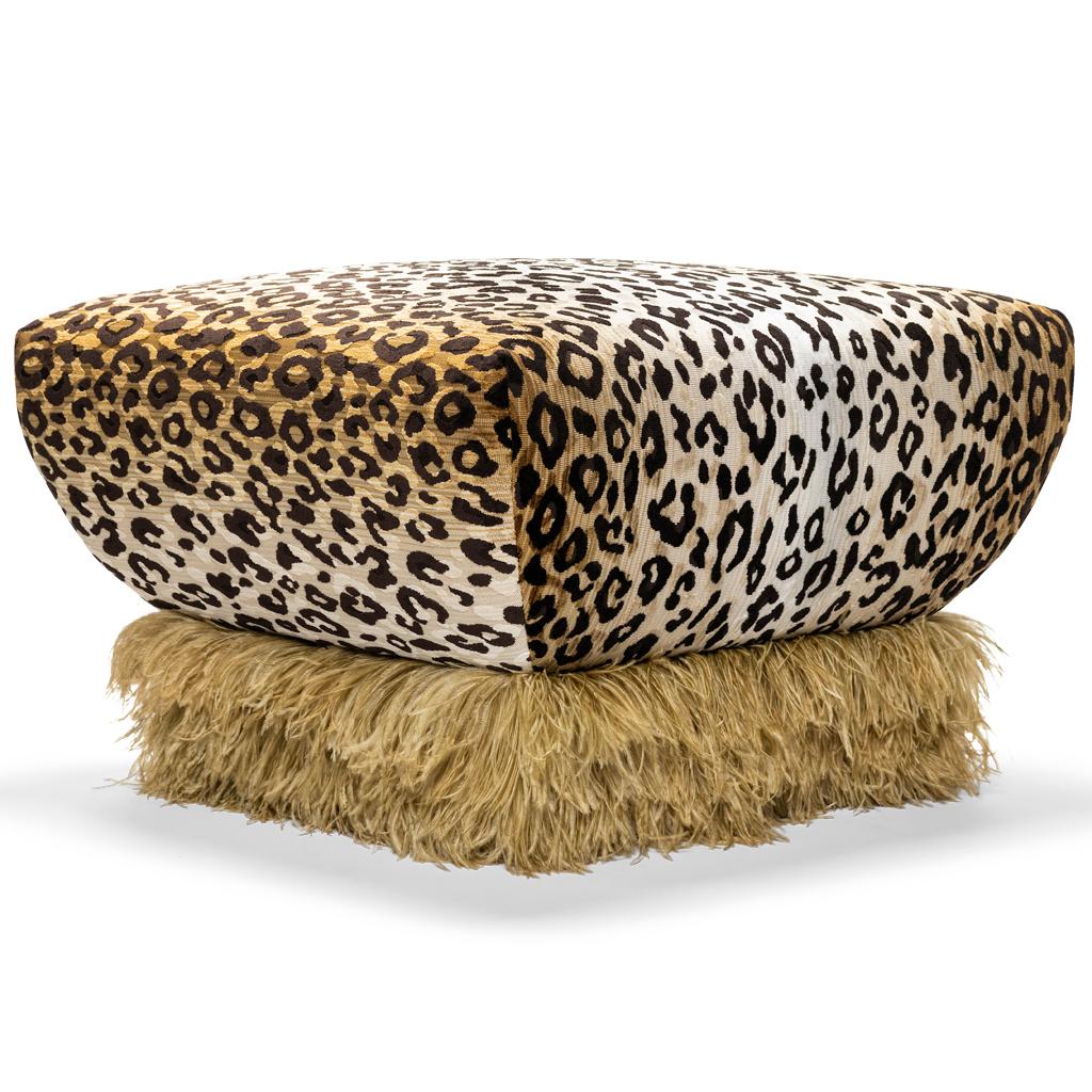 Modern Leopard Velvet With Champagne Color Ostrich Feather Trim, Ostrich Fluff Ottoman For Sale