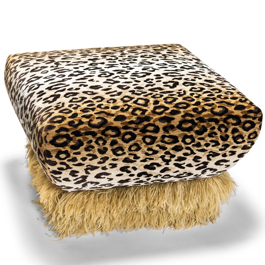 South African Leopard Velvet With Champagne Color Ostrich Feather Trim, Ostrich Fluff Ottoman For Sale