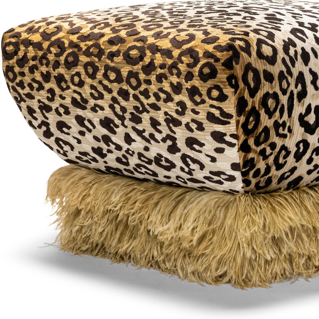 Leopard Velvet With Champagne Color Ostrich Feather Trim, Ostrich Fluff Ottoman In New Condition For Sale In Bothas Hill, KZN