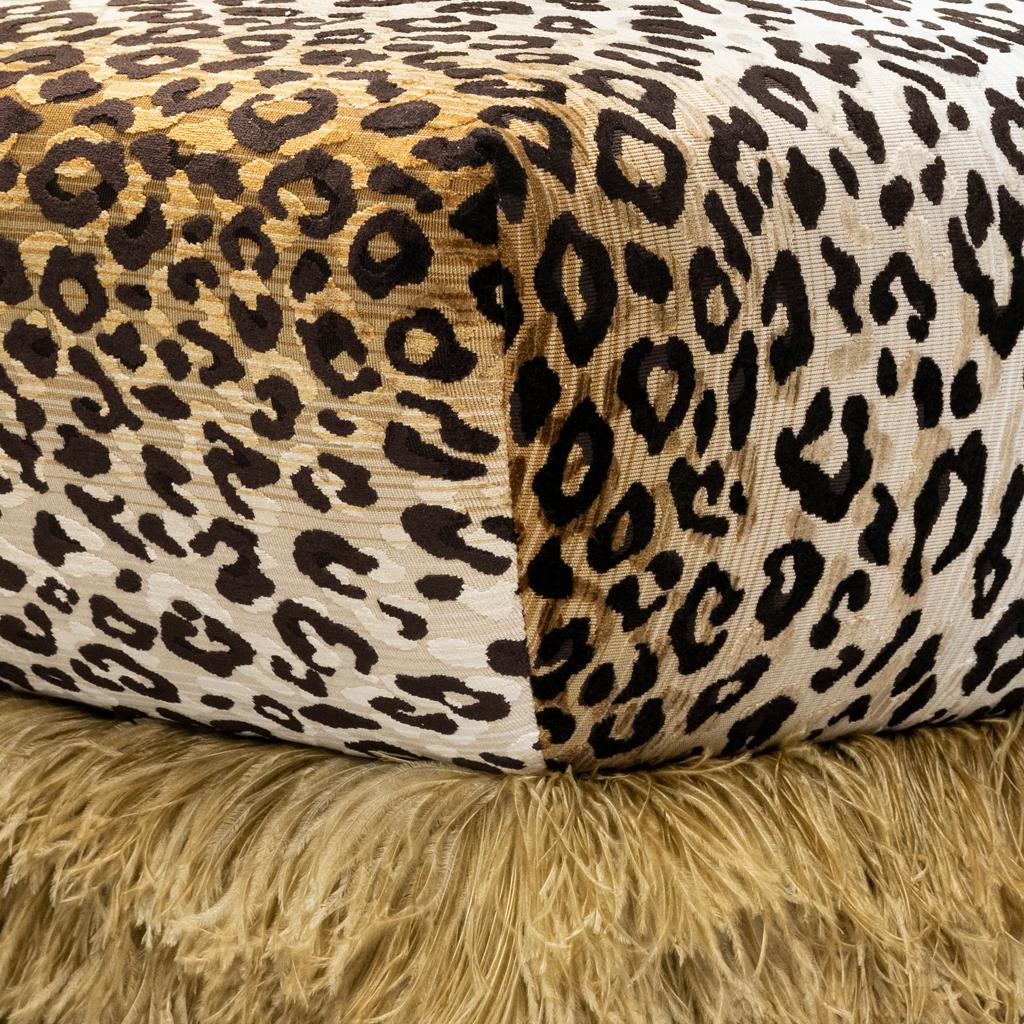 Contemporary Leopard Velvet With Champagne Color Ostrich Feather Trim, Ostrich Fluff Ottoman For Sale