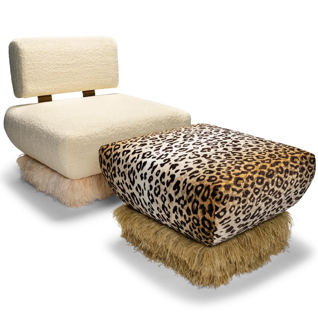 Feathers Leopard Velvet With Champagne Color Ostrich Feather Trim, Ostrich Fluff Ottoman For Sale