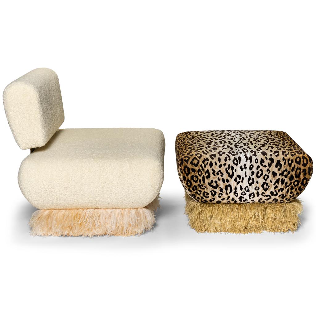 Leopard Velvet With Champagne Color Ostrich Feather Trim, Ostrich Fluff Ottoman For Sale 1