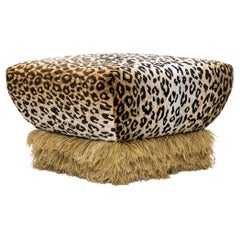 Leopard Velvet With Champagne Color Ostrich Feather Trim, Ostrich Fluff Ottoman