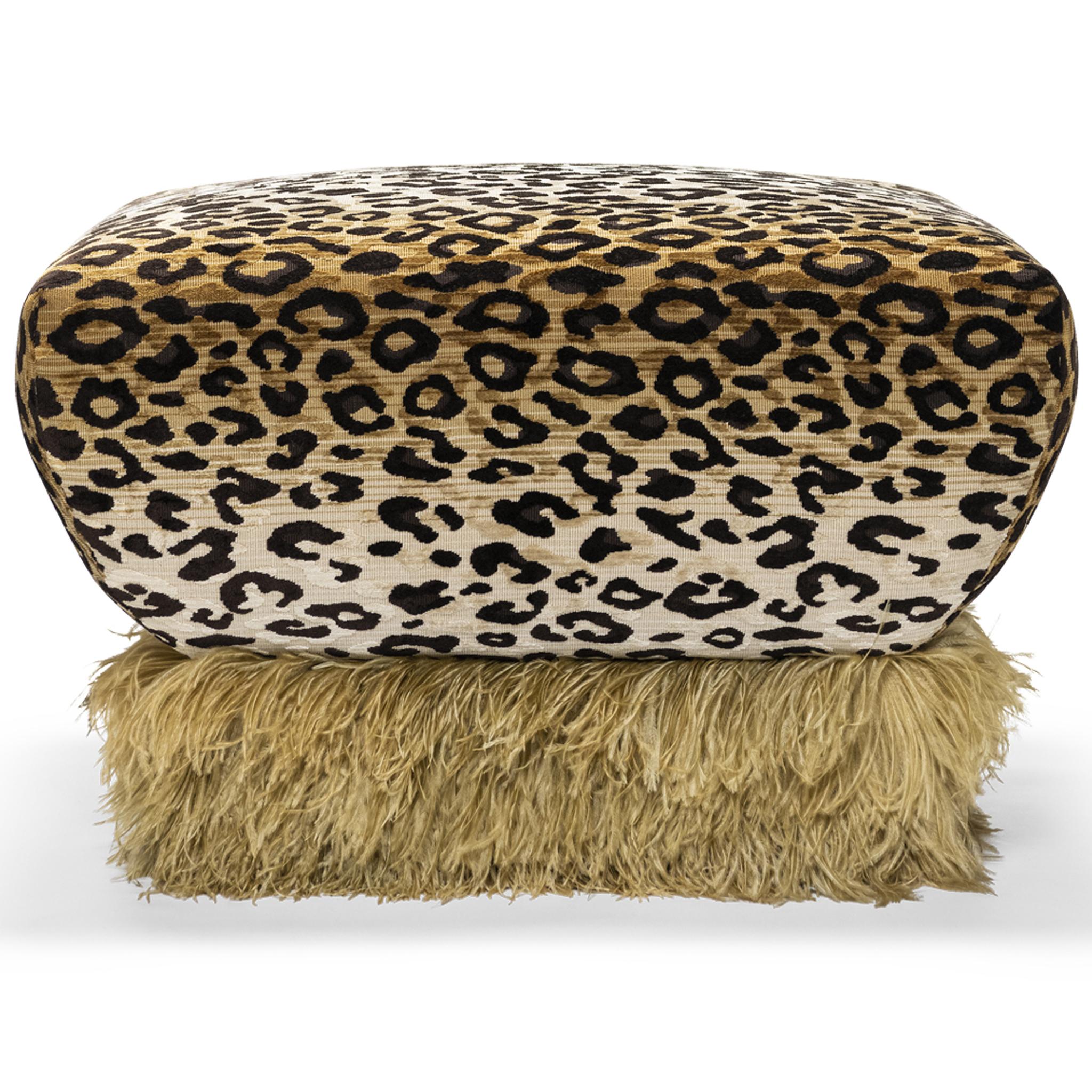 Leopard Velvet With Champagne Ostrich Feather Trim Ottoman by Egg Designs For Sale