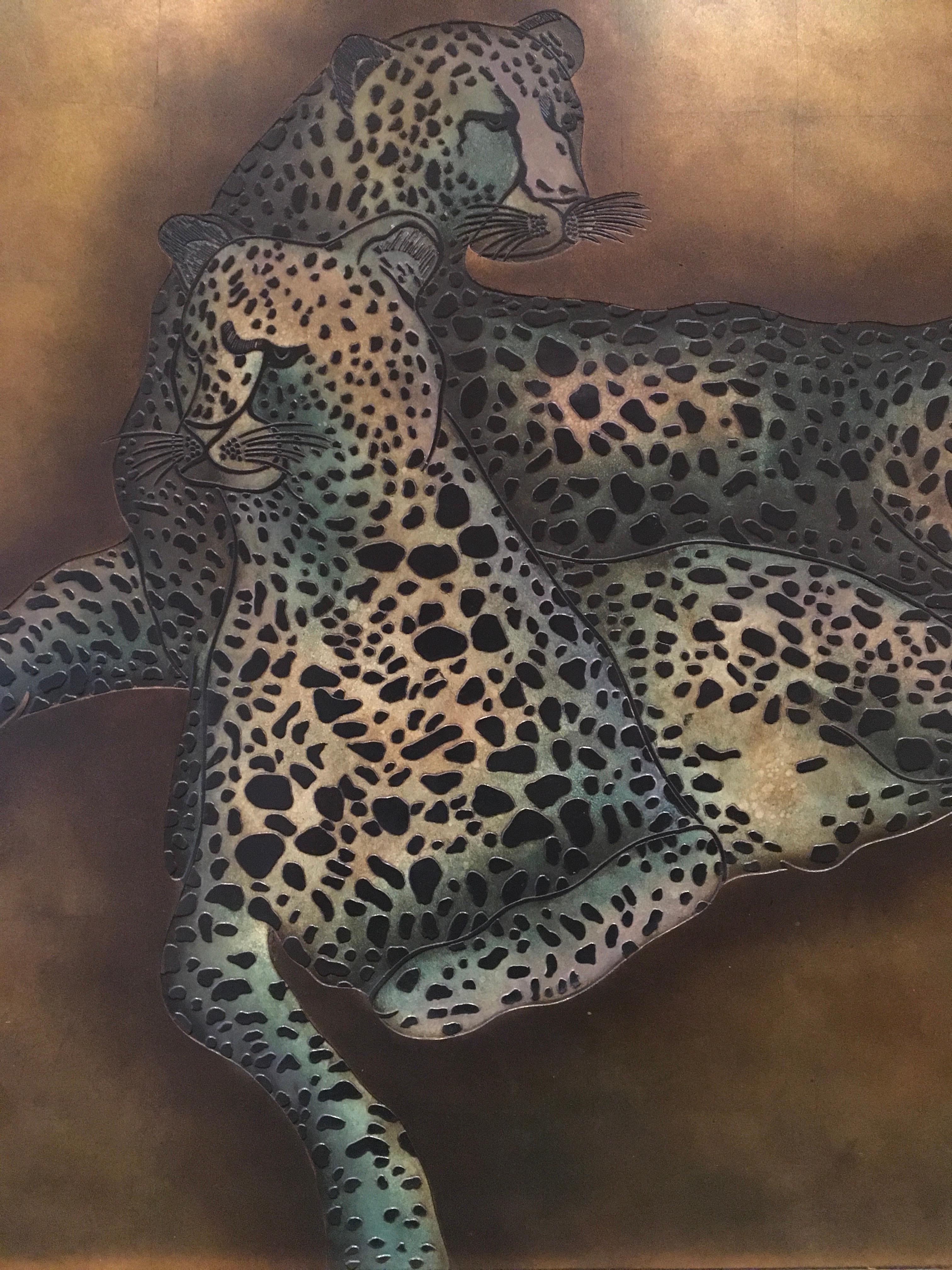 European Leopards Art Work Painting on Wood  For Sale