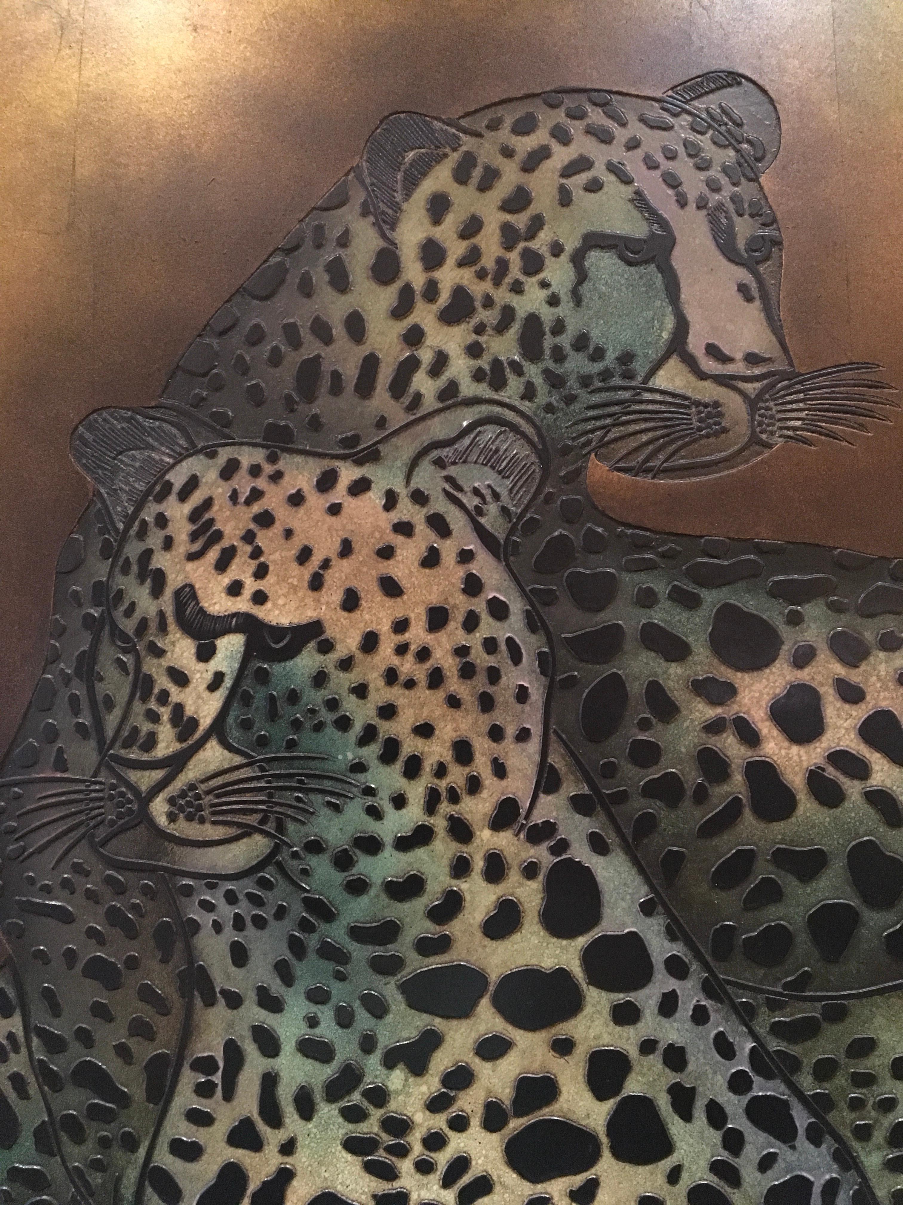 Leopards Art Work Painting on Wood  In Good Condition For Sale In Antwerp, BE
