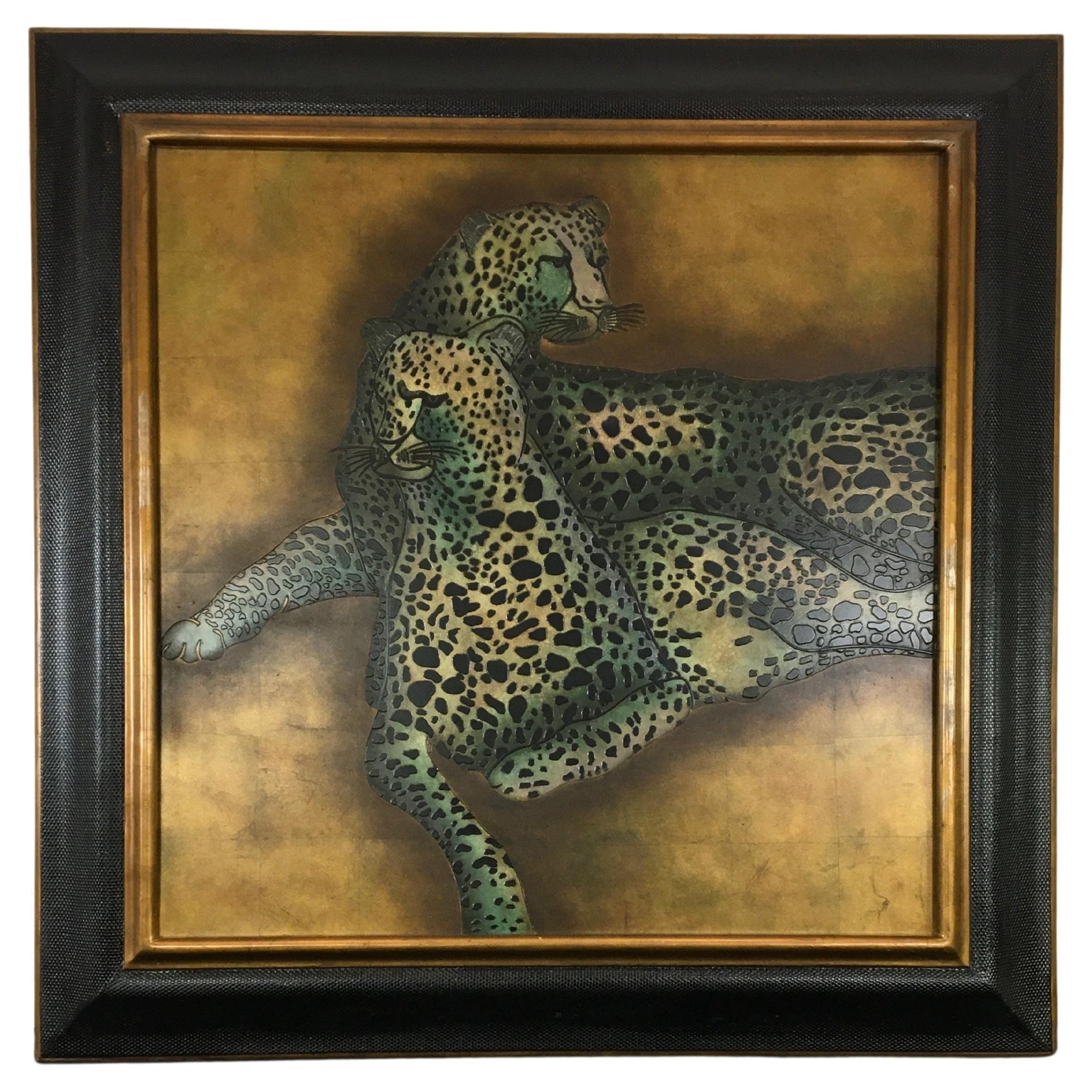Leoparden-Kunstwerk, Gemälde auf Holz  im Angebot