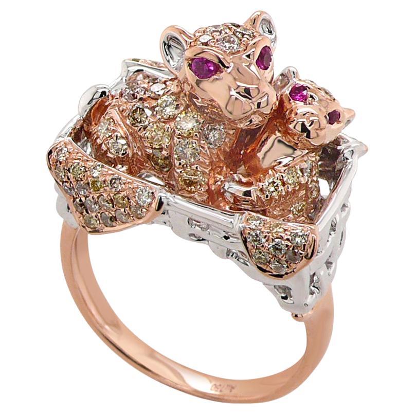 Bague pour animaux Léopards Lions Chatons Fancy Diamond Ruby 18K Rose Gold