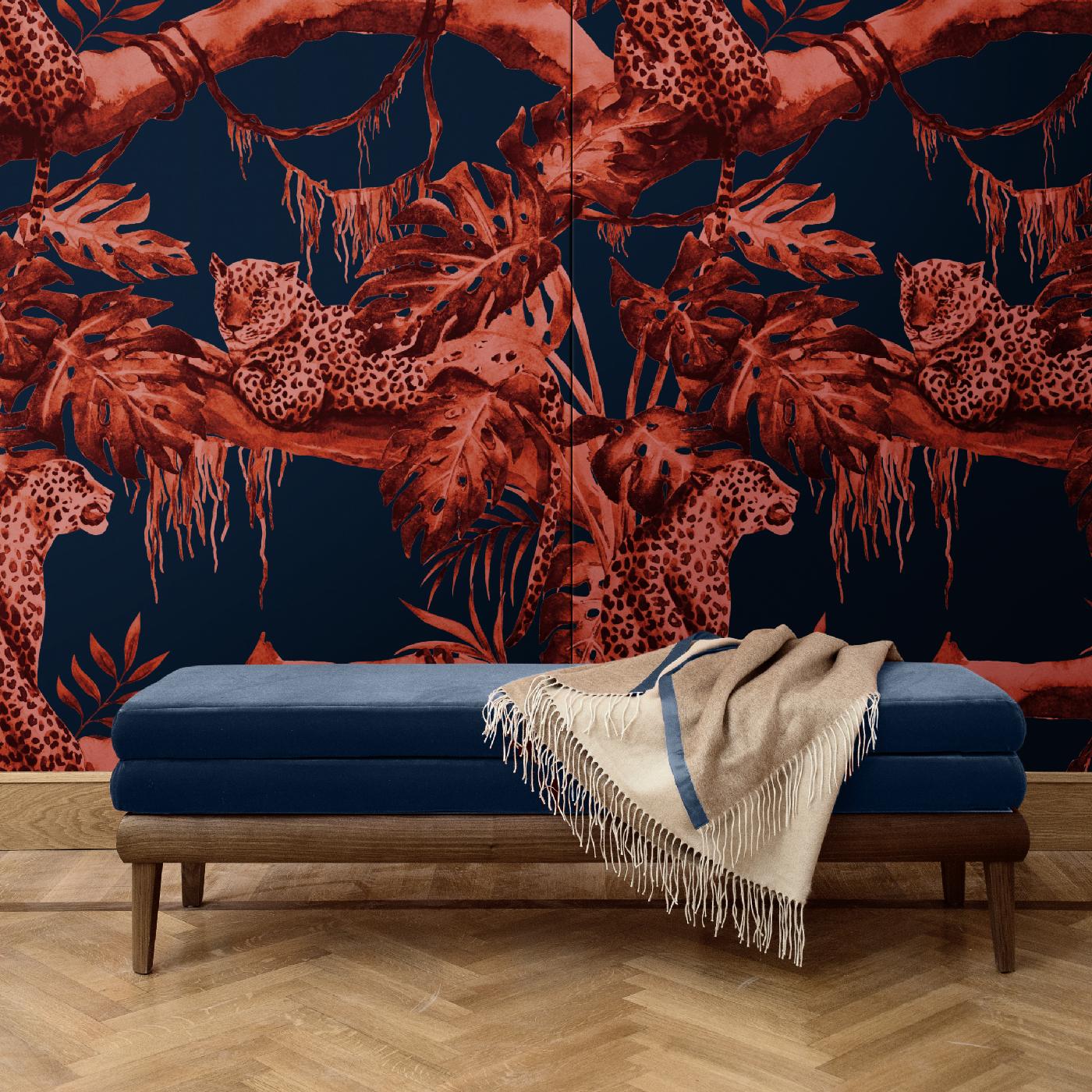 Creating a dramatic effect on any wall, this covering will imbue a Classic or contemporary interior with a sophisticated and unique ambiance. Its dark blue background is adorned with an exotic scene in which a leopard sits under the shade of a tree.