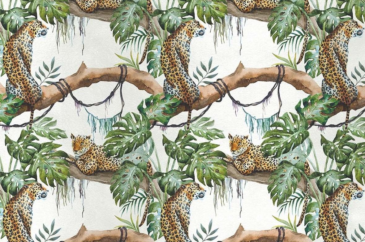 Magnificently rendered using naturalistic tones over a white background, this exotic scene depicts two leopards enjoying the shade of a large jungle tree. The repetition creates a pattern that is dynamic and elegant. Crafted of silk and cotton, this