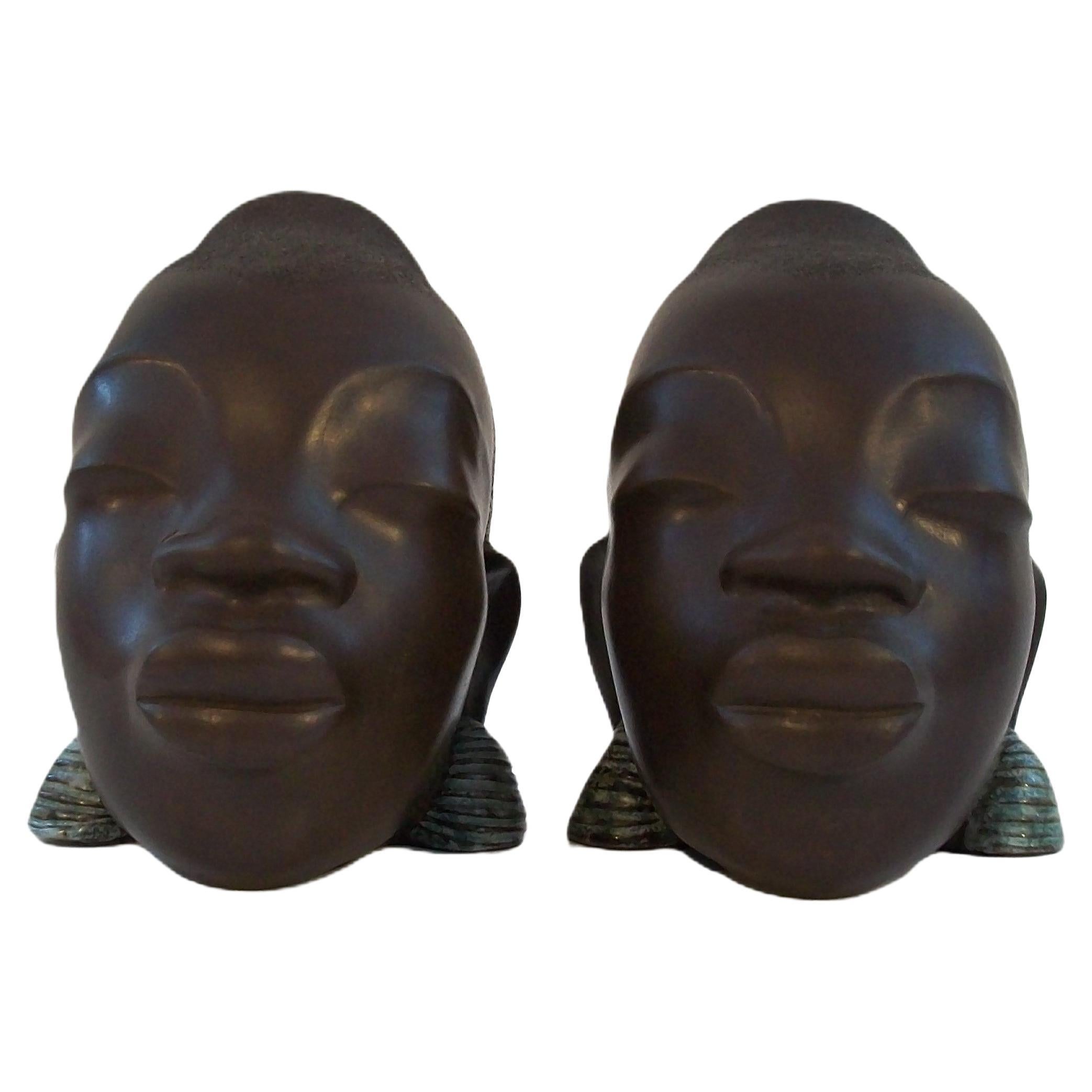 LEOPOLD ANZENGRUBER - Pair African Women Ceramic Bookends - Austria - C. 1950's