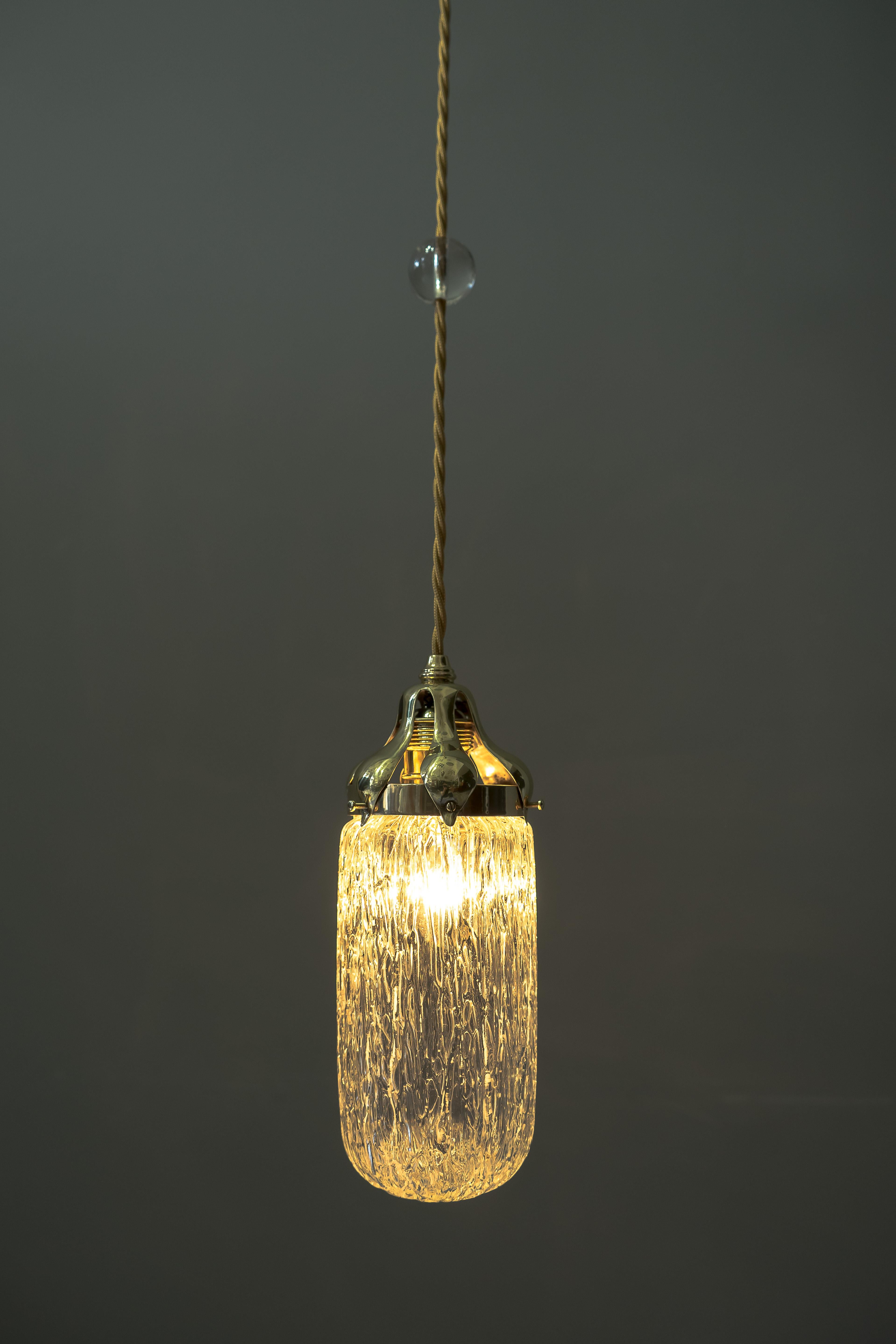 Leopold Bauer Hanging Lamp with Loetz Witwe “Blitzglas” Shade, circa 1905 For Sale 1