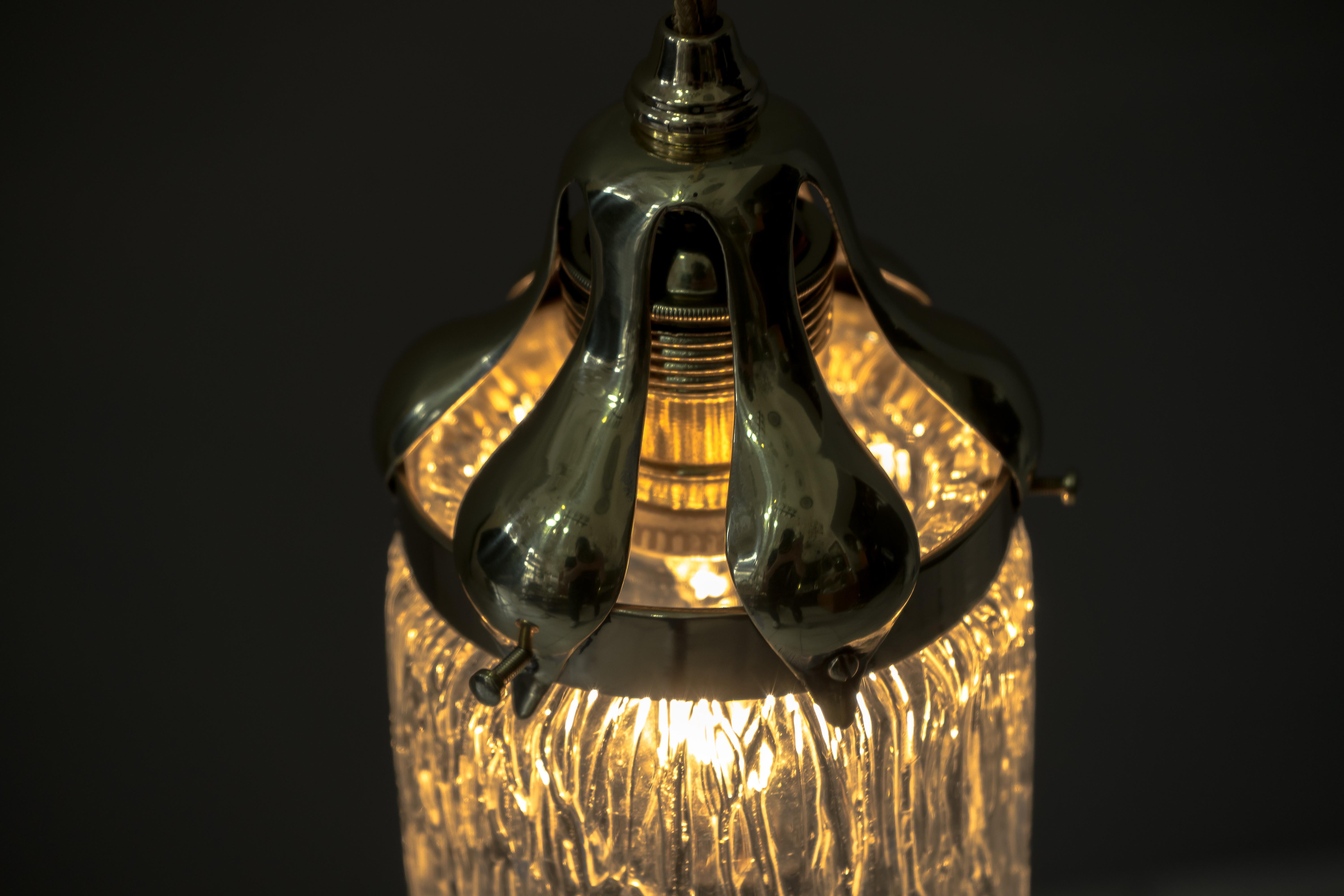 Leopold Bauer Hanging Lamp with Loetz Witwe “Blitzglas” Shade, circa 1905 For Sale 2