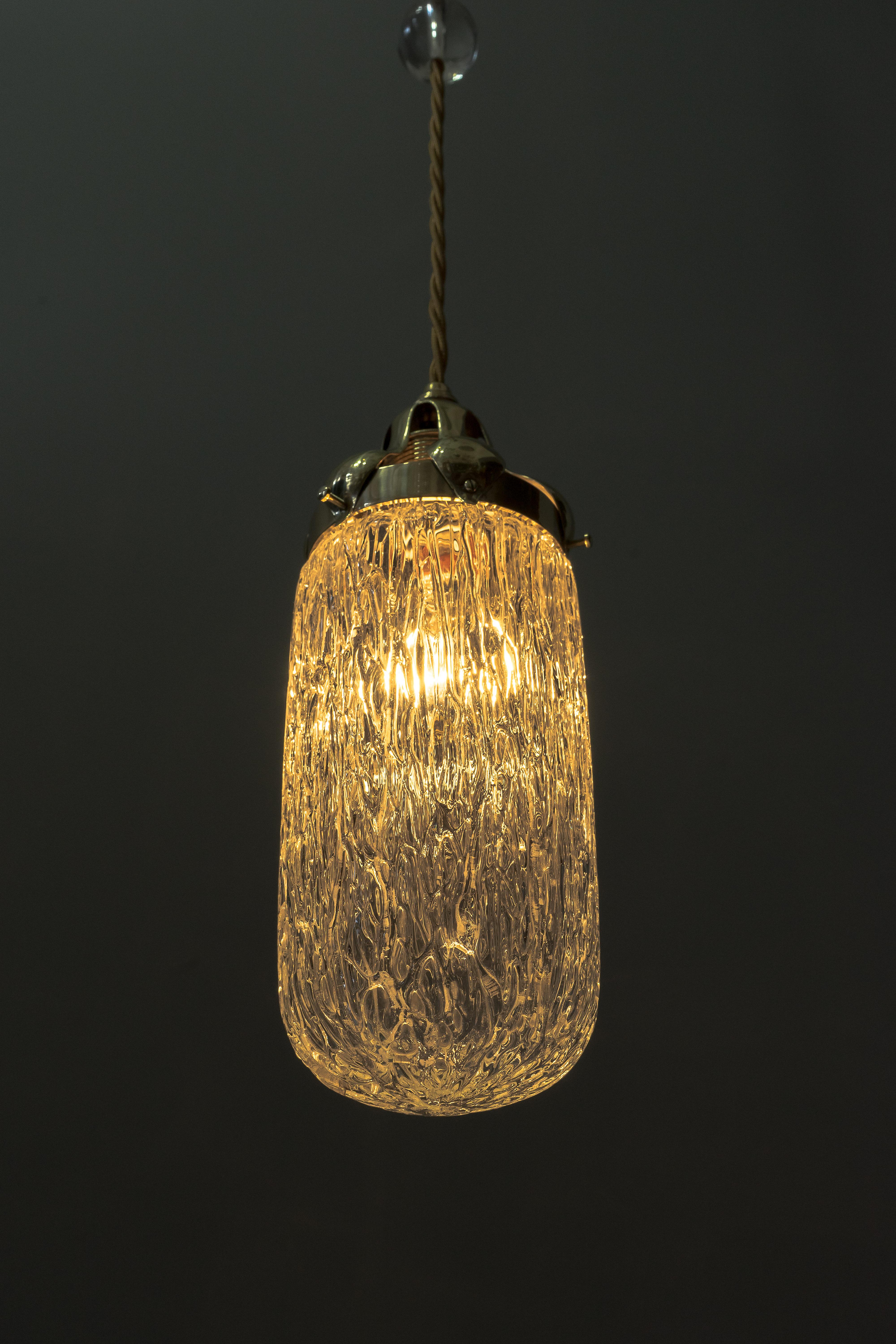 Leopold Bauer Hanging Lamp with Loetz Witwe “Blitzglas” Shade, circa 1905 For Sale 3