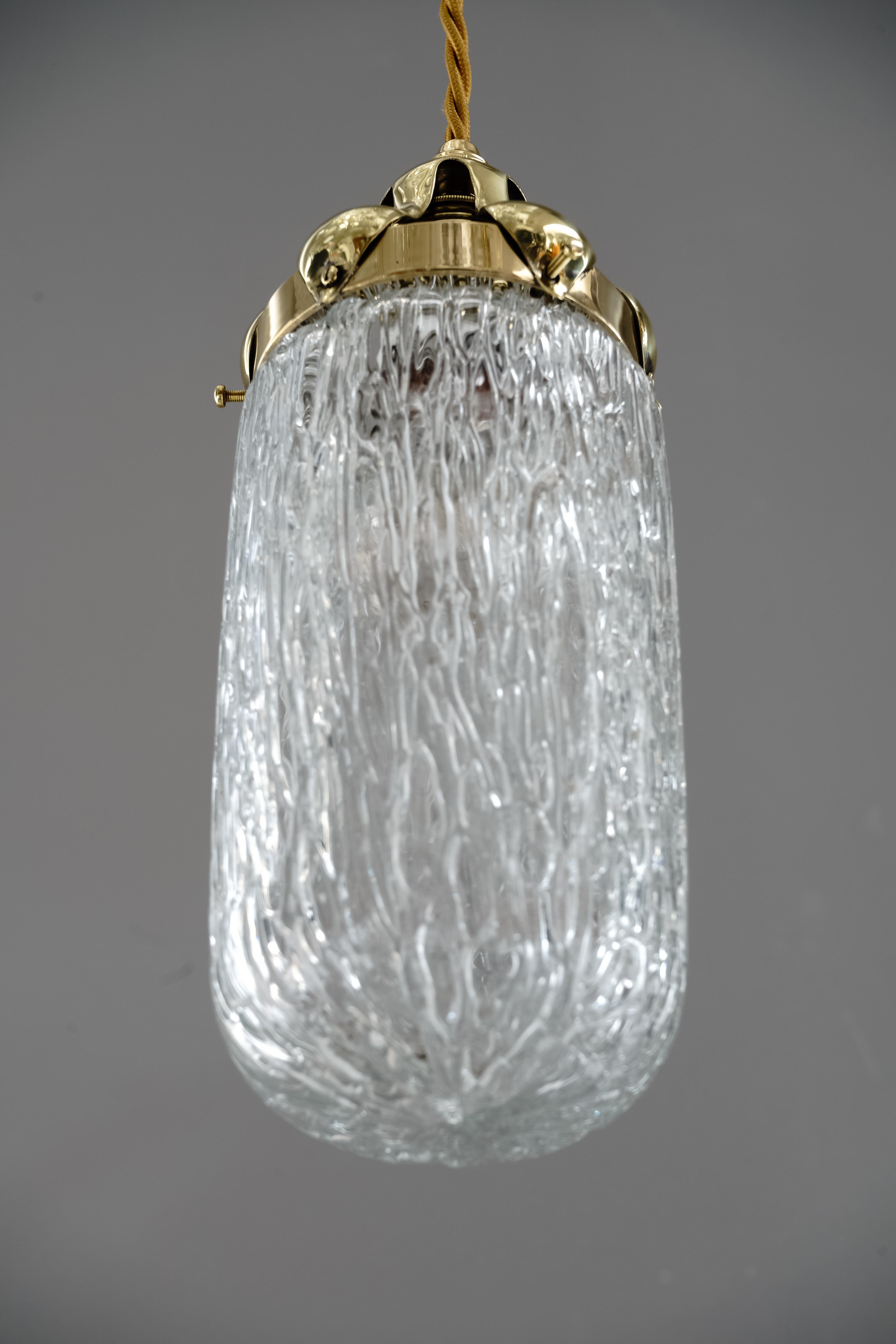 Jugendstil Leopold Bauer Hanging Lamp with Loetz Witwe “Blitzglas” Shade, circa 1905 For Sale