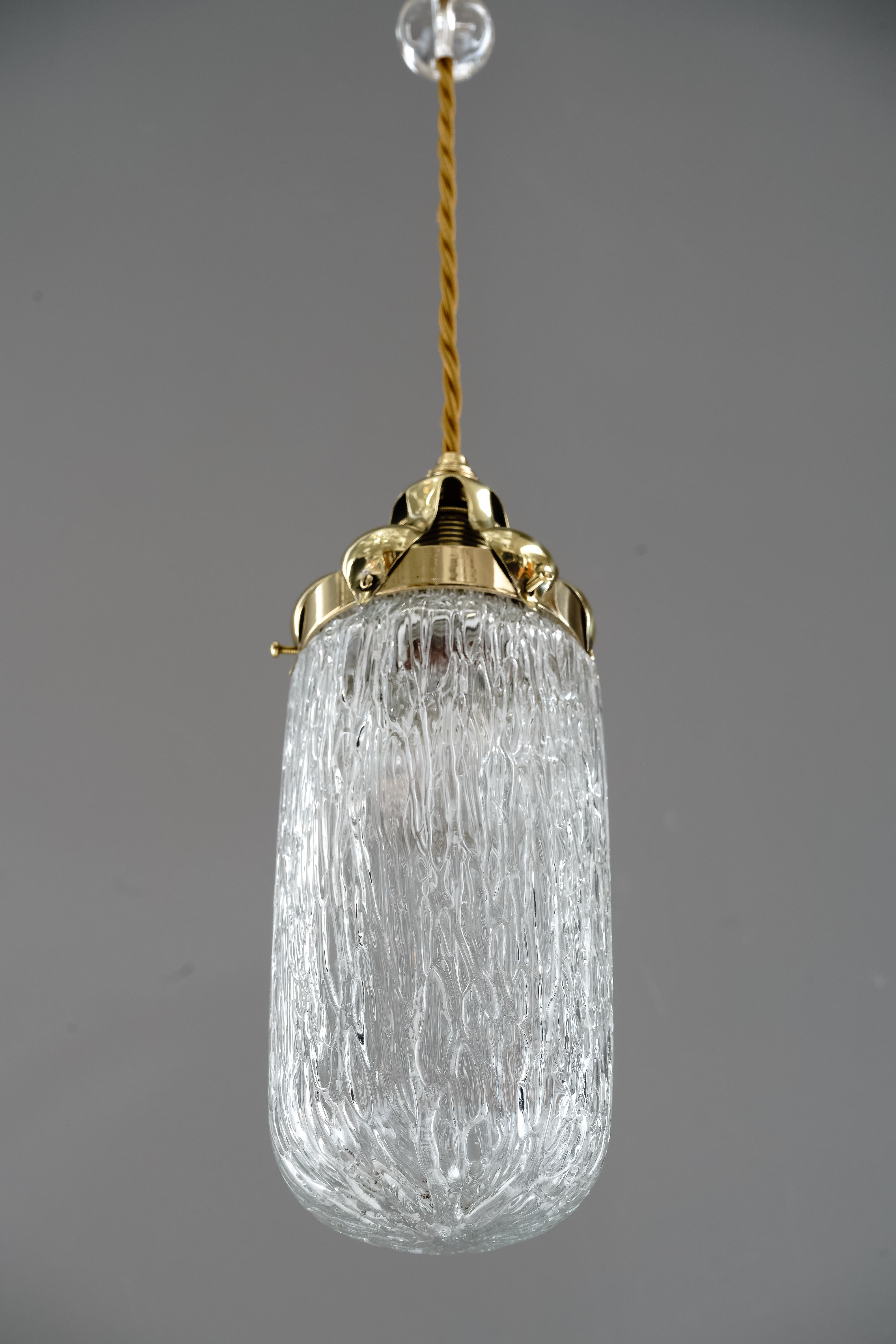 Polished Leopold Bauer Hanging Lamp with Loetz Witwe “Blitzglas” Shade, circa 1905 For Sale