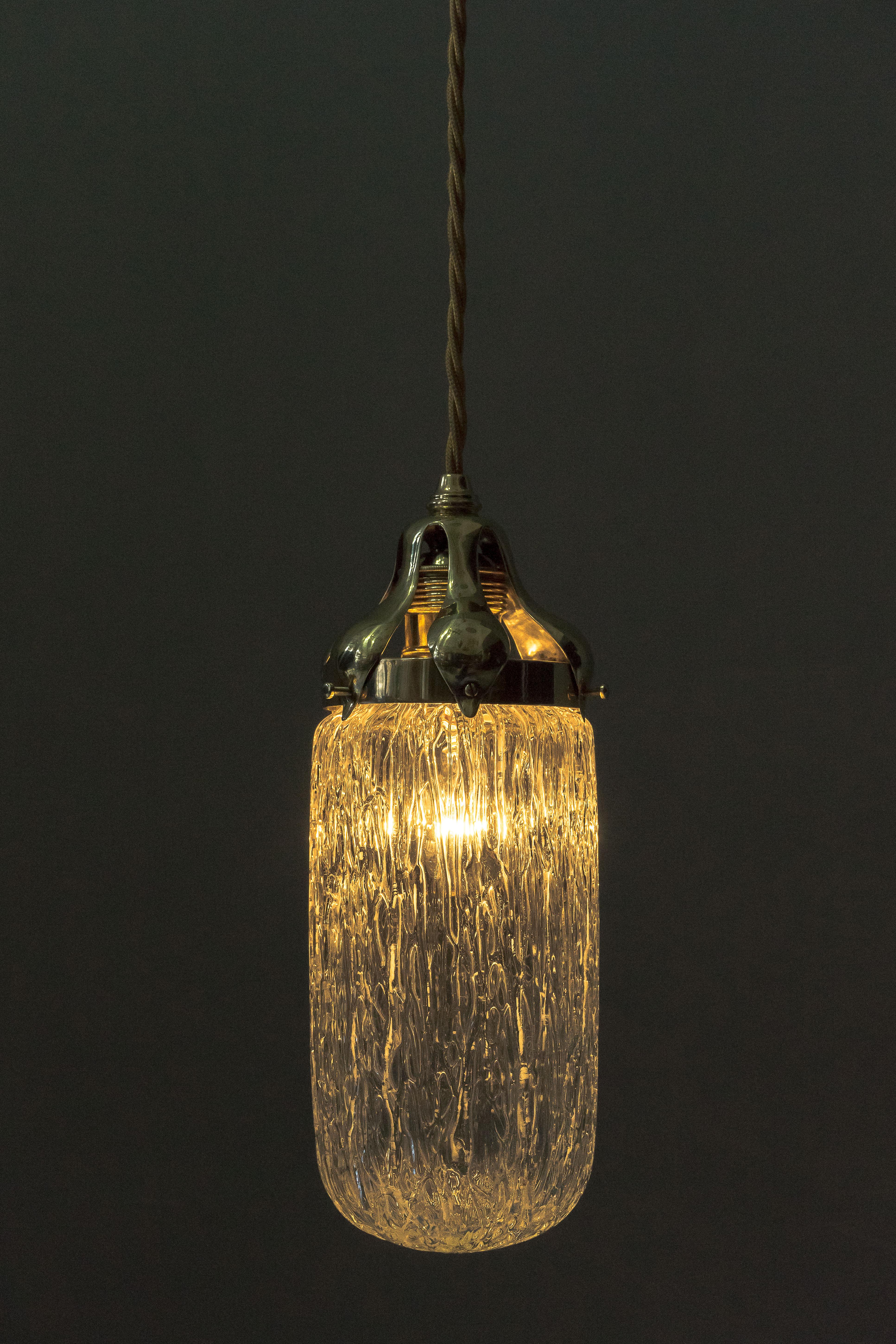 Early 20th Century Leopold Bauer Hanging Lamp with Loetz Witwe “Blitzglas” Shade, circa 1905 For Sale