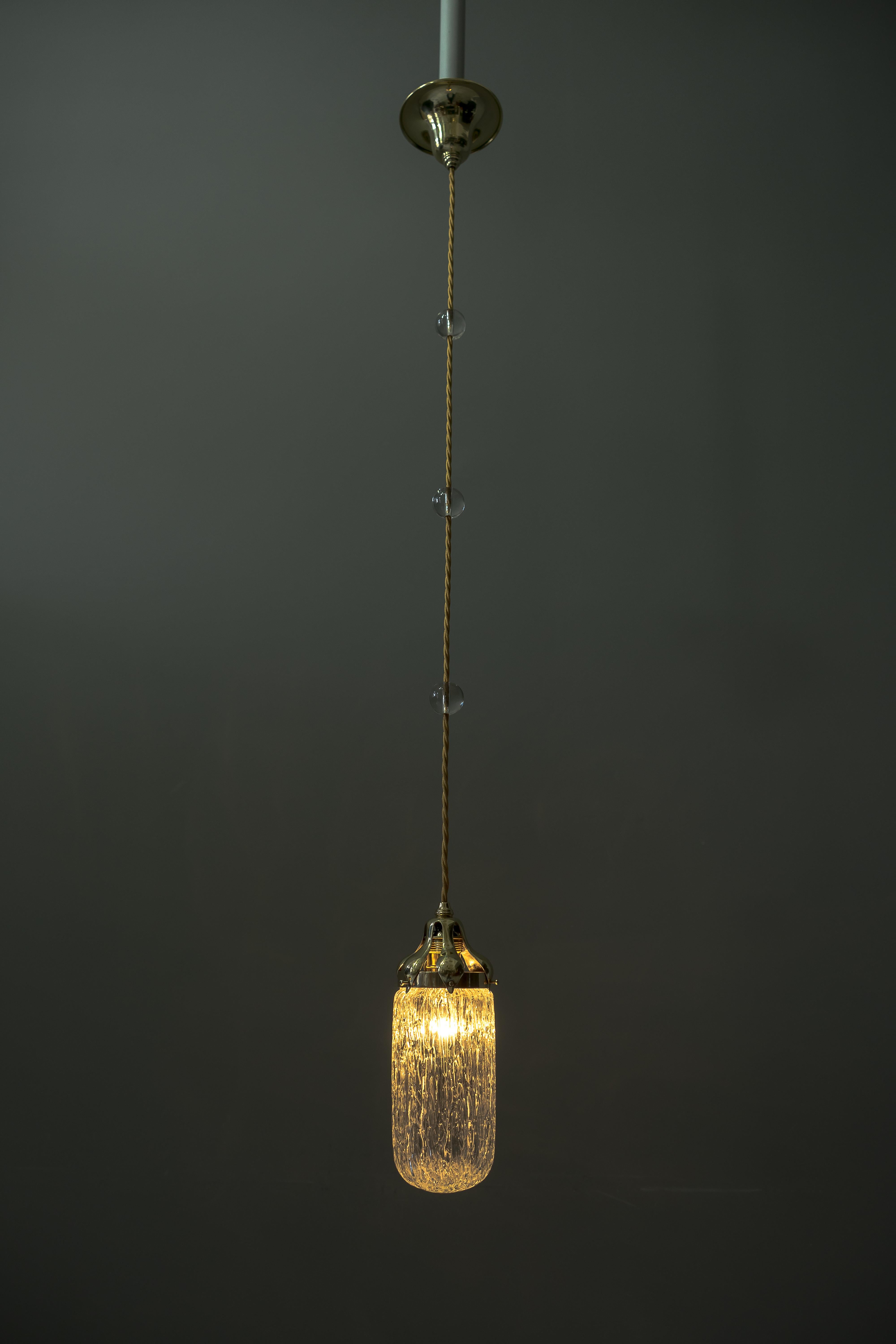 Brass Leopold Bauer Hanging Lamp with Loetz Witwe “Blitzglas” Shade, circa 1905 For Sale