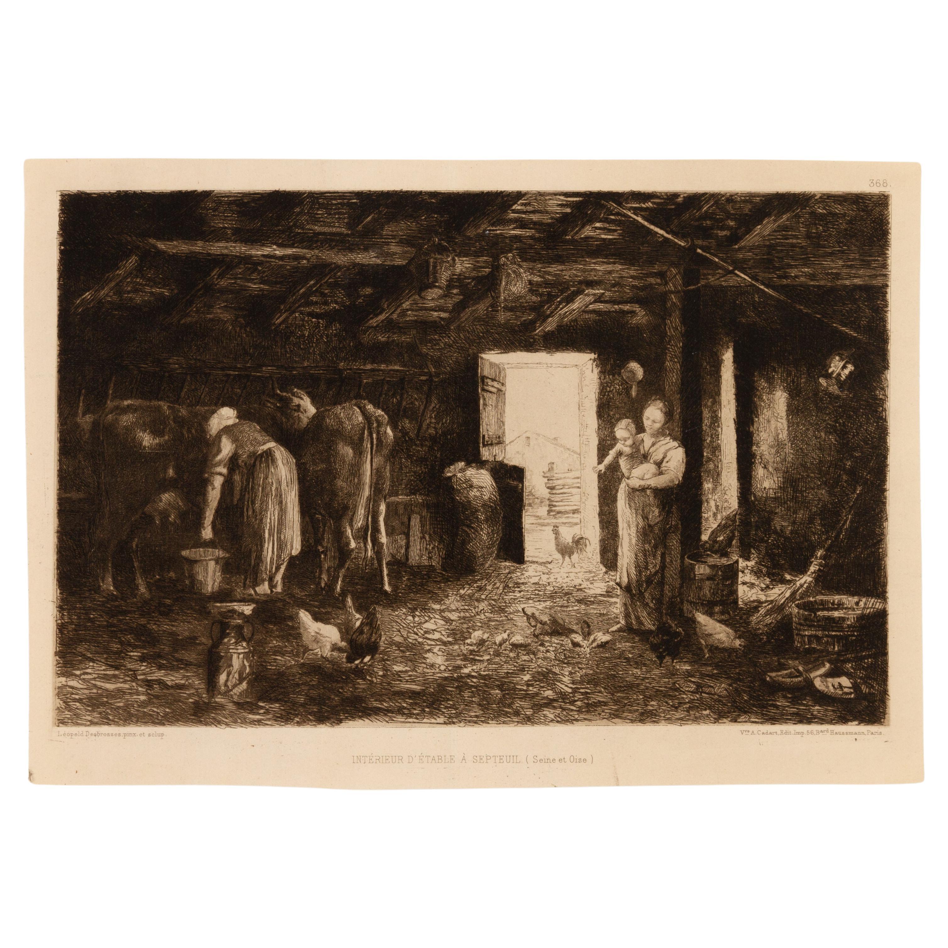 Léopold Desbrosses (1821-1908) French Engraving "Stables Interior in Septeuil" For Sale