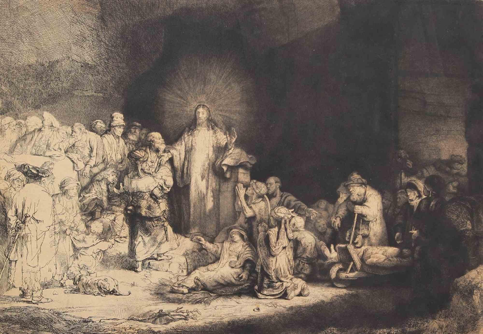 Hundred guilder leaf. Christ heals the sick is a black and white etching on laid paper realized by Léopold Flameng (1831-1911) around 1870.

The print has the watermark "Crowned coat of arms" . 

This etching was realized after a drawing by