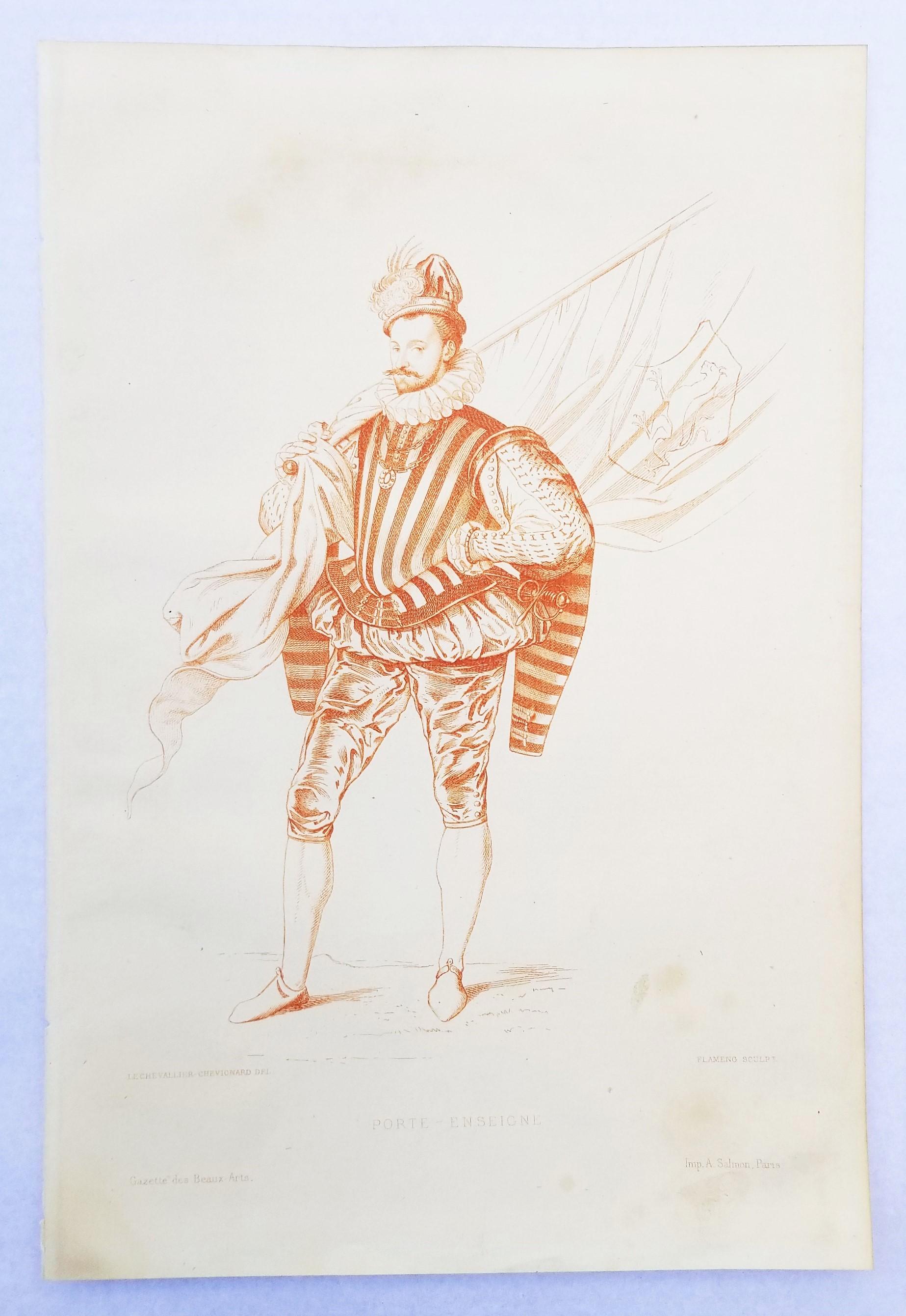 Porte-Enseigne (Sign Holder) /// Old Masters Antique Etching Figurative Soldier - Beige Figurative Print by Léopold Flameng
