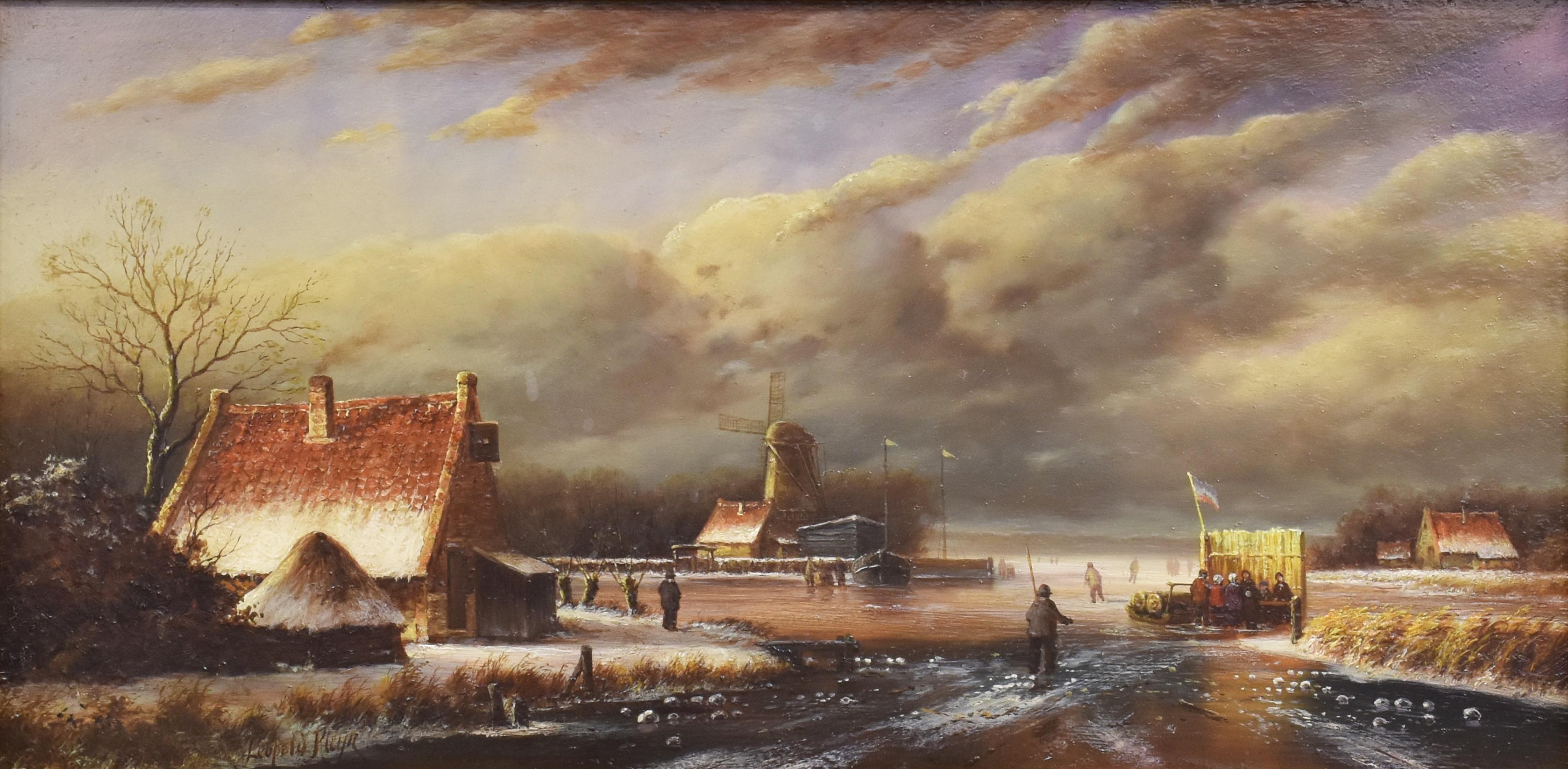 Classical Dutch Winter Snow Landscape Figures on Ice by Houses, fine gilt frame - Painting by Leopold Kleyn