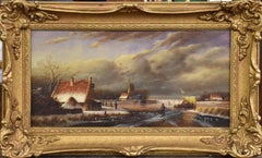 Classical Dutch Winter Snow Landscape Figures on Ice by Houses, fine gilt frame