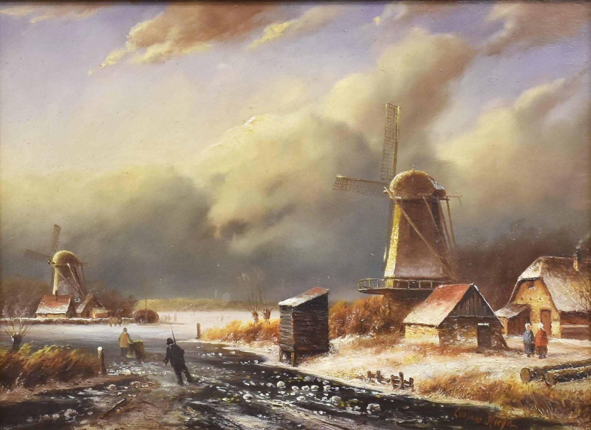 Dutch Classical Winter Snow Landscape Figures Skating on Ice, Gilt Frame - Painting by Leopold Kleyn
