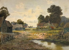English Farmyard with Ducks Sheep Cottages & Pond Antique English Oil Painting