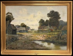 English Farmyard with Ducks Sheep Cottages & Pond Antique English Oil Painting