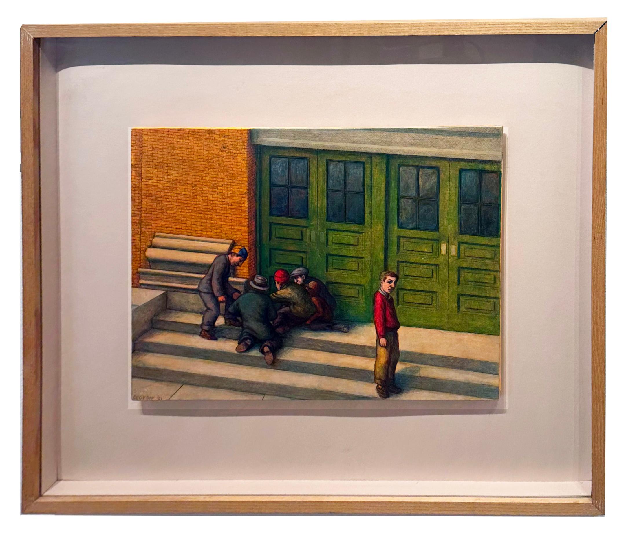 The painting is called Craps, but it's really not about craps.  First of all, the setting is the door of Gregory Grammar School, where I went to school and painted often.  It's part of my memory.  But it stands for a lot more that just memory.  Who