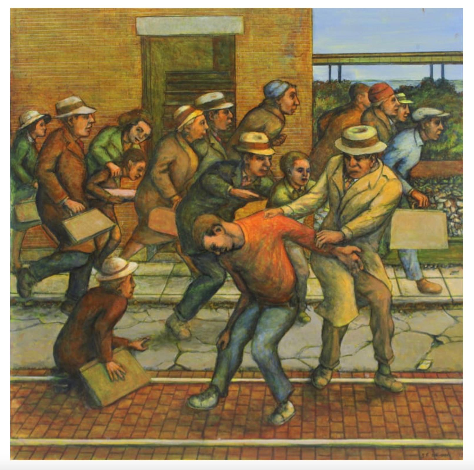 Landscape Painting di Leopold Segedin - Exodus II - Pittura a tecnica mista originale a più figure su pannello, incorniciata