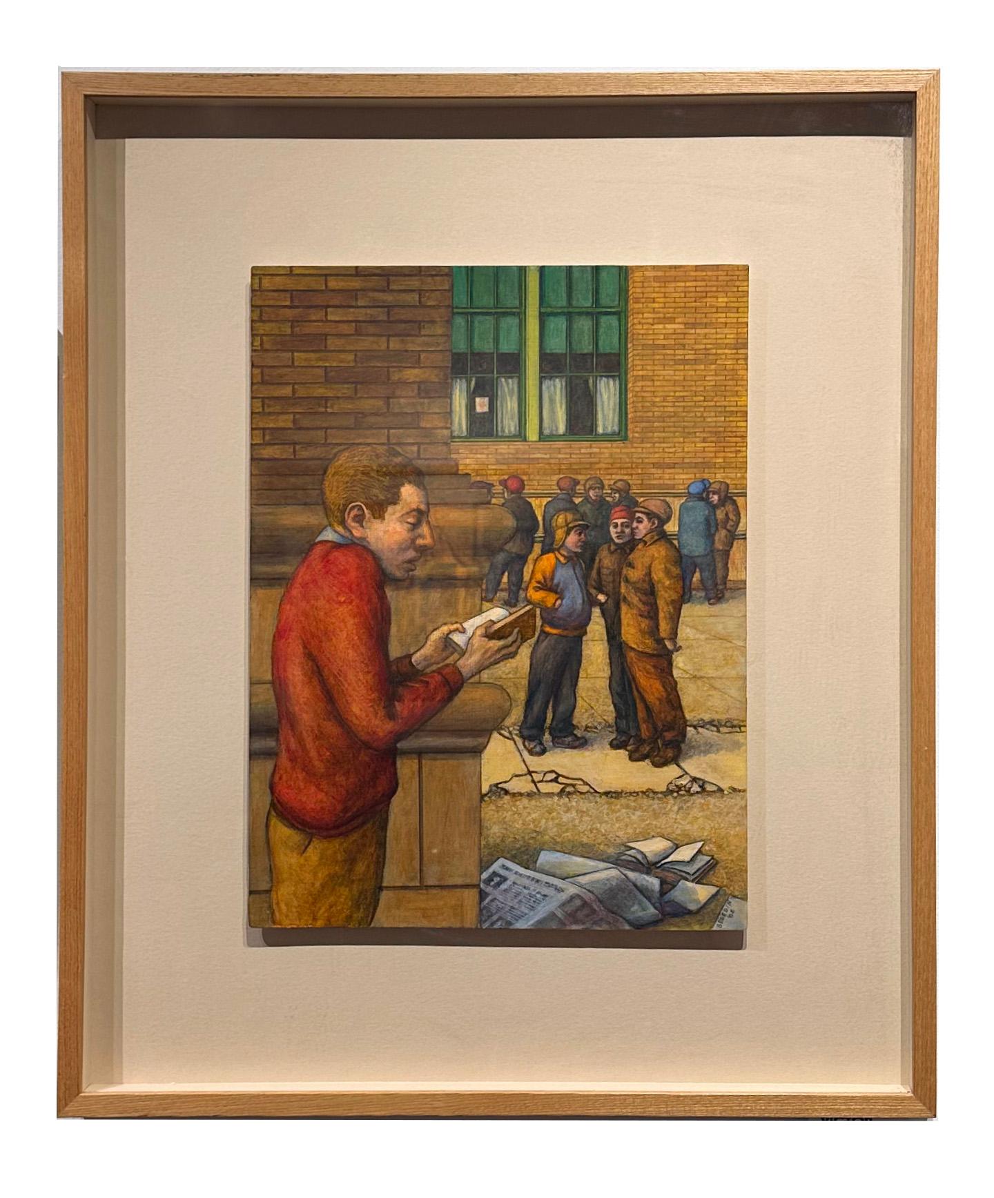 Hide & Seek #8 (Boy with Book) - Original Mixed Media on Panel, Framed - Painting by Leopold Segedin