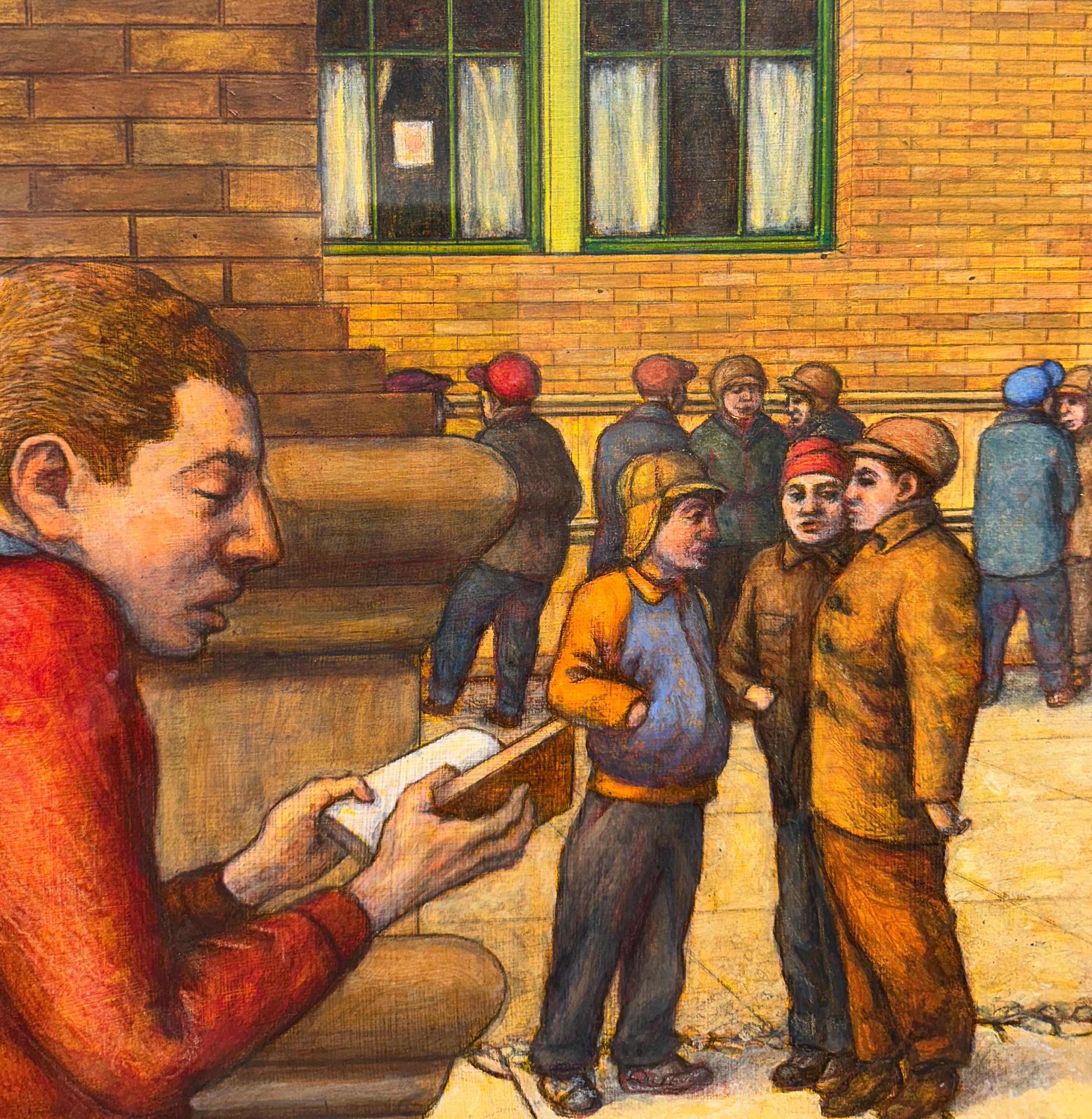 Hide & Seek #8 (Boy with Book) - Original Mixed Media on Panel, Framed - Contemporary Painting by Leopold Segedin
