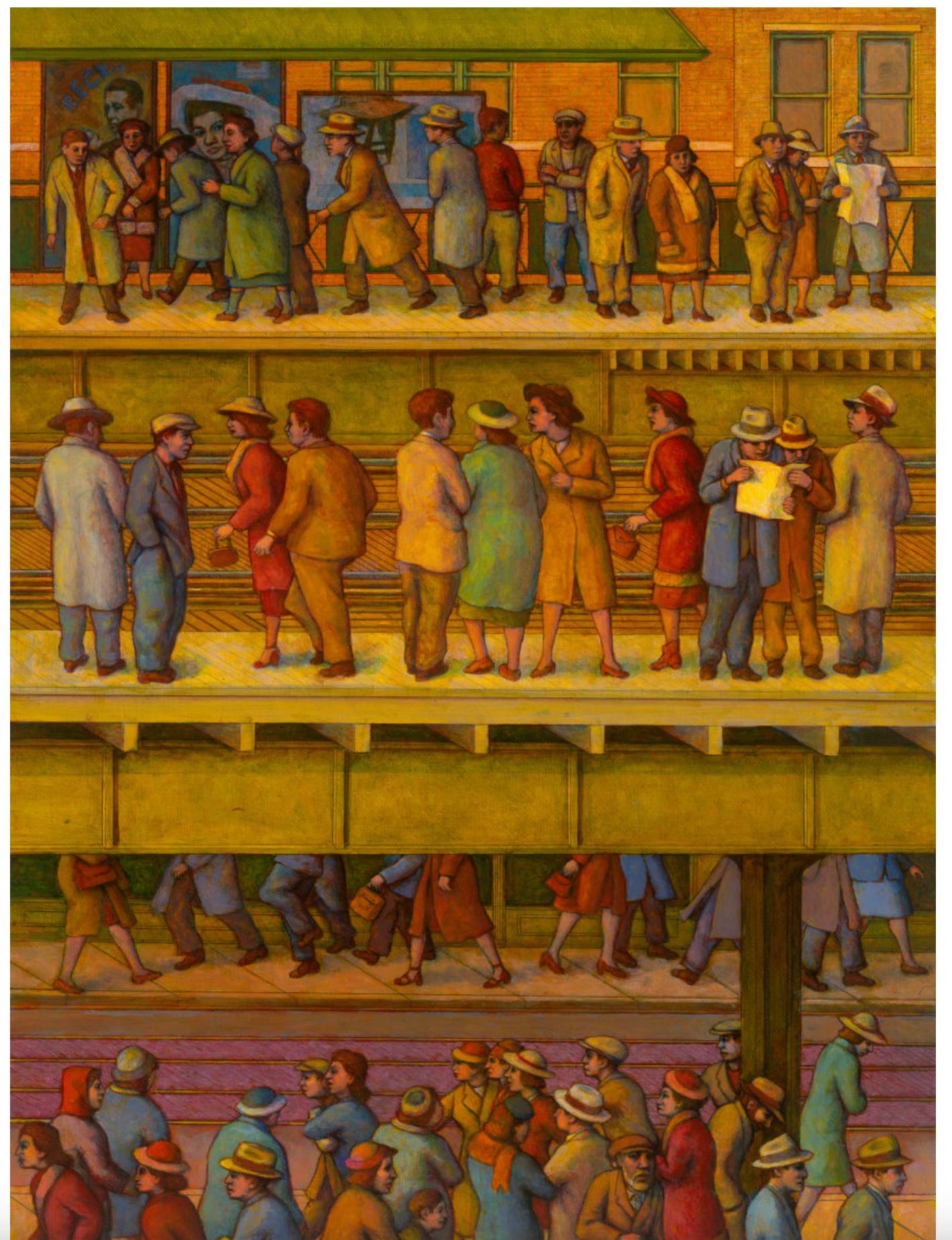 Hora punta - Técnica mixta original sobre panel, enmarcado