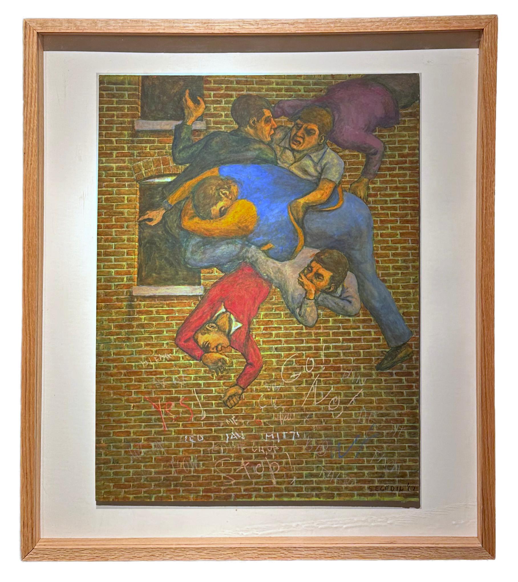 Secondo Giudizio - Pittura a tecnica mista originale a più figure su pannello, incorniciata - Painting di Leopold Segedin