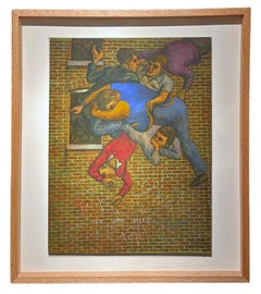 Deuxième jugement - Peinture originale multi-figures en techniques mixtes sur panneau, encadrée