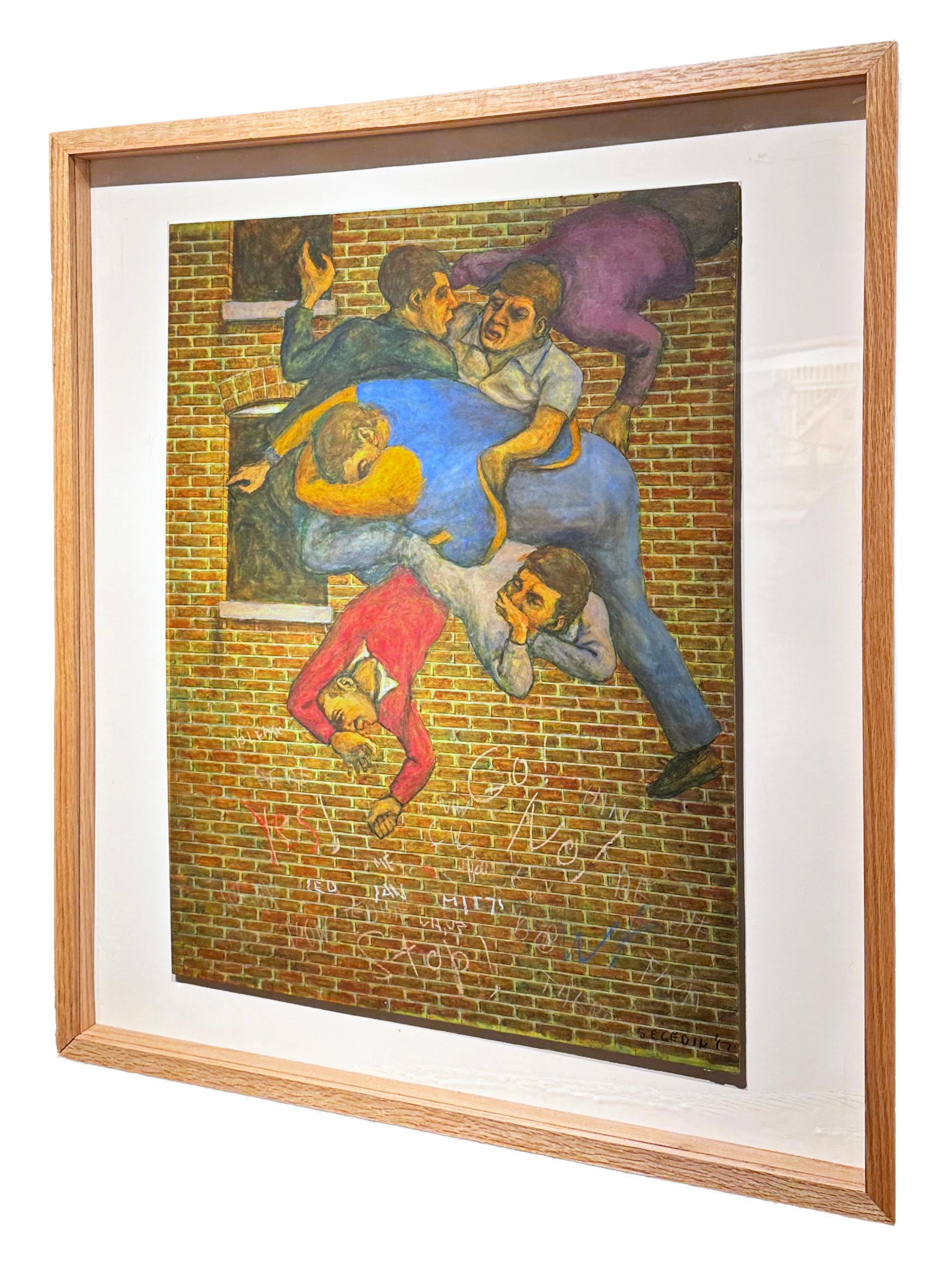 Secondo Giudizio - Pittura a tecnica mista originale a più figure su pannello, incorniciata - Figurative Painting Marrone di Leopold Segedin
