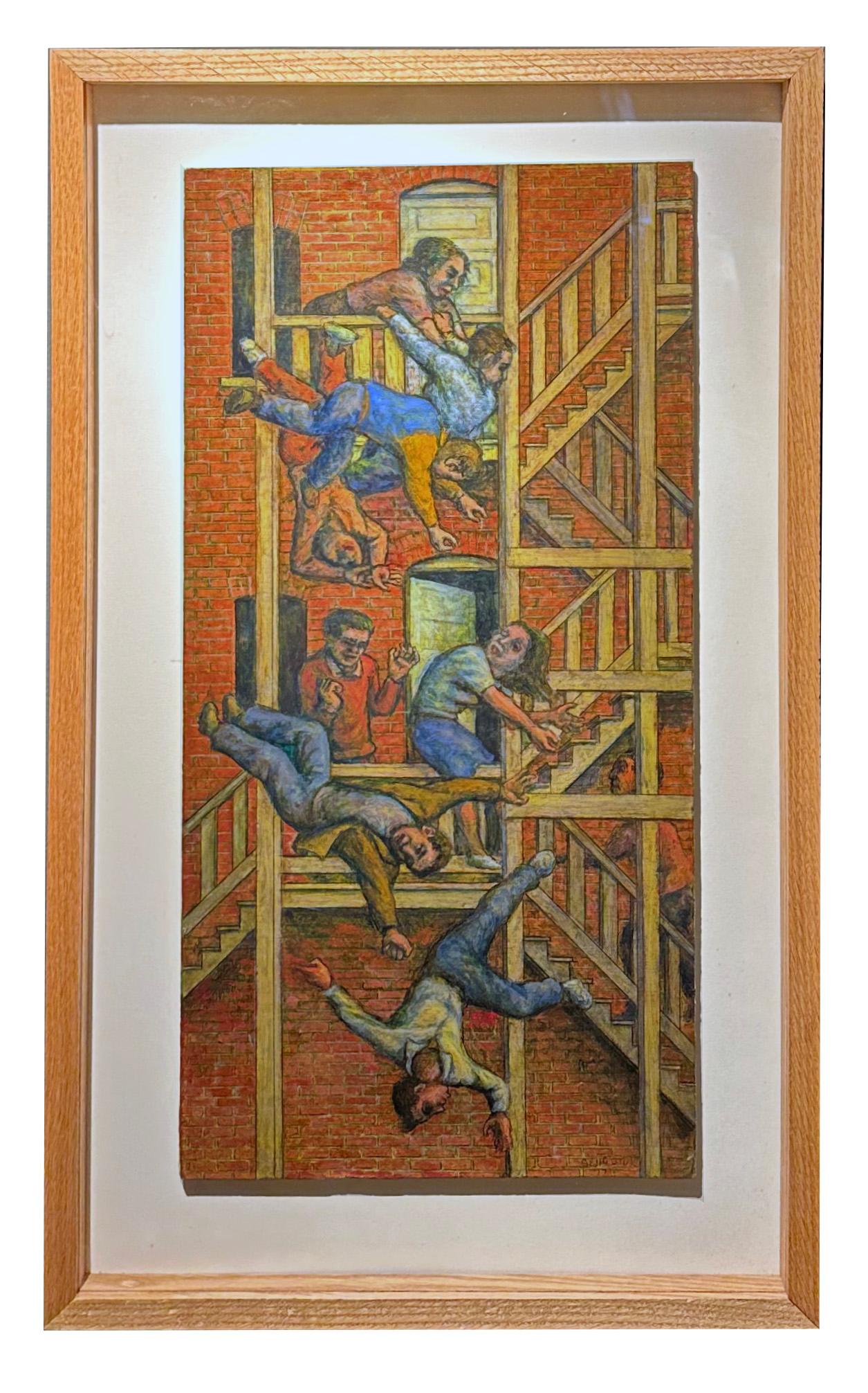 El Primer Juicio - Figuras cayendo desde un balcón, Pintura original, Enmarcada - Painting de Leopold Segedin