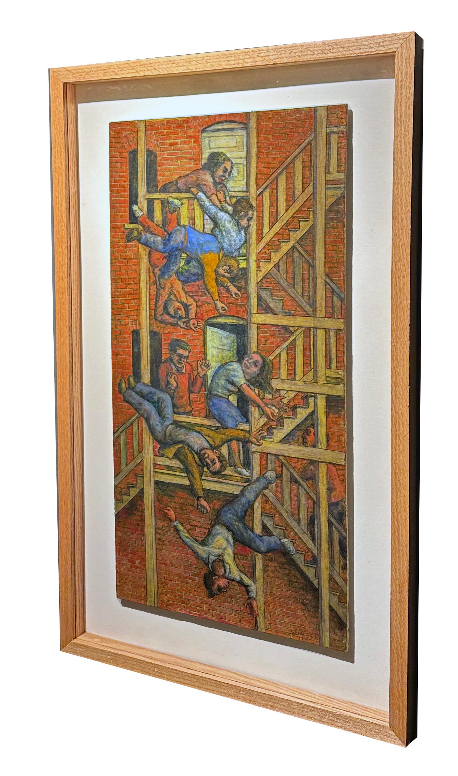 El Primer Juicio - Figuras cayendo desde un balcón, Pintura original, Enmarcada - Painting Contemporáneo de Leopold Segedin