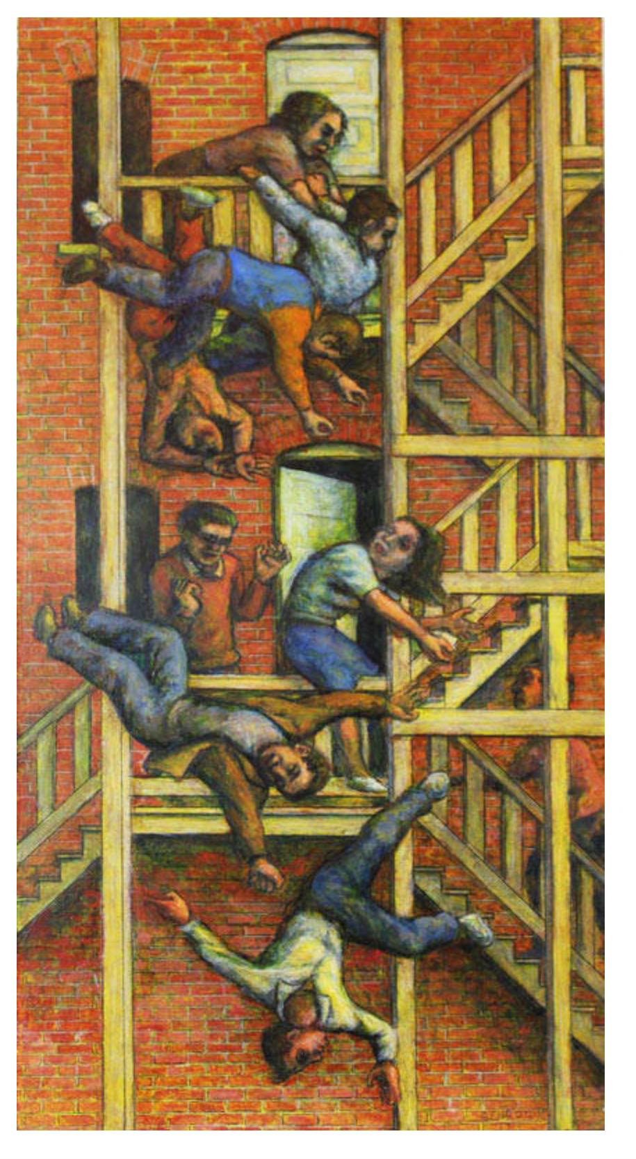 Landscape Painting de Leopold Segedin - El Primer Juicio - Figuras cayendo desde un balcón, Pintura original, Enmarcada