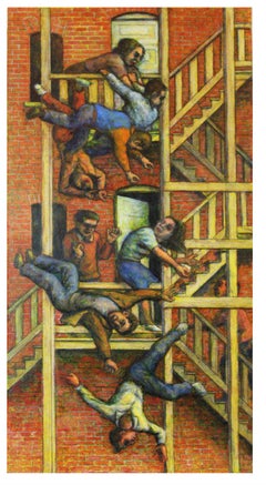 The First Judgement - Figures Tumbling Off a Balcony, Original Painting, Framed