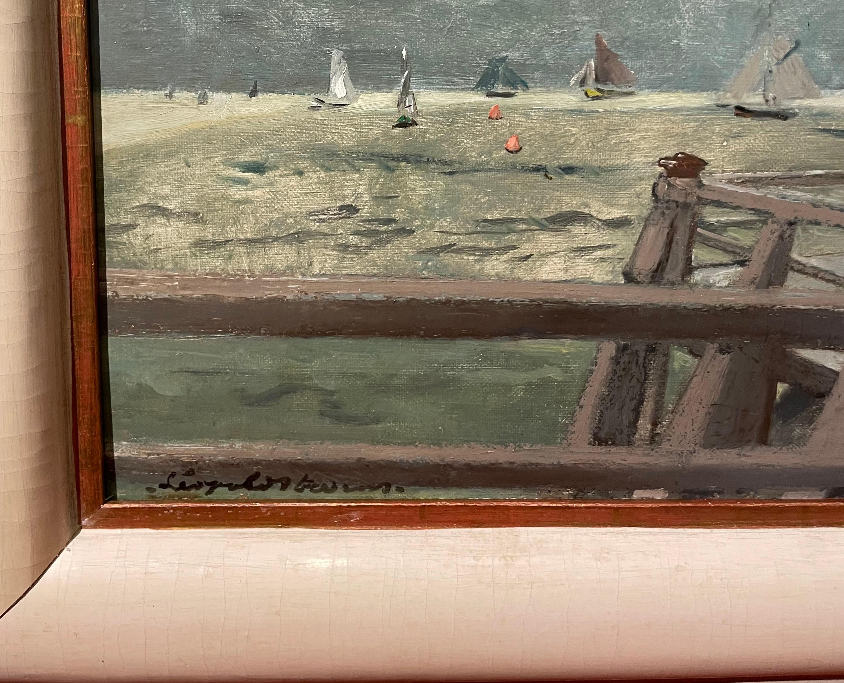 Regata a Trouville, in Normandia. - Landscape Painting Beige di Leopold Stevens