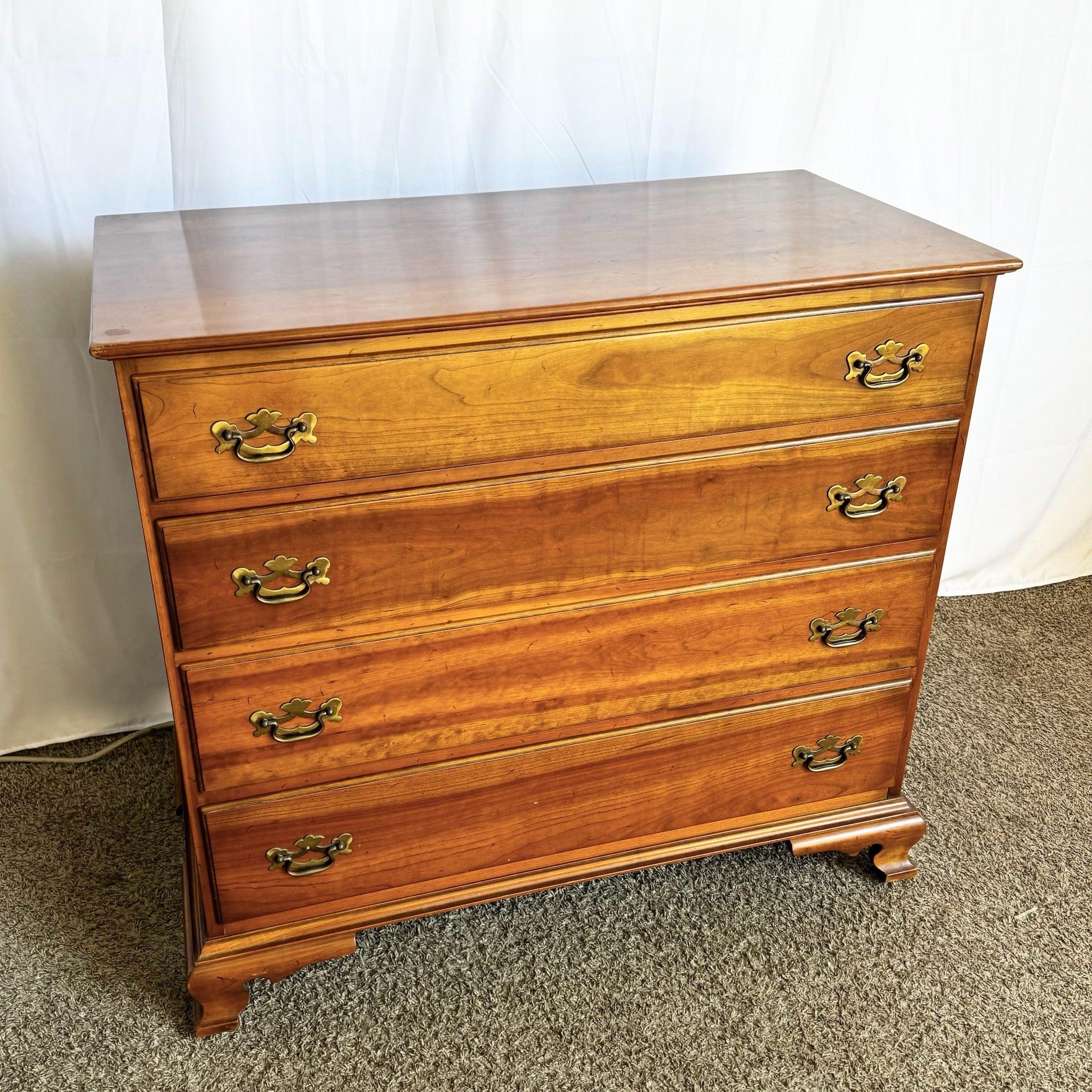 Leopold Stickley Cherry Valley Chest of Drawers in solid cherry wood with brass hardware, perfect for traditional or vintage-inspired interiors.
 
 Some wear to the finish as shown in the photos. 
 
 We sell items as acquired, without restoring or