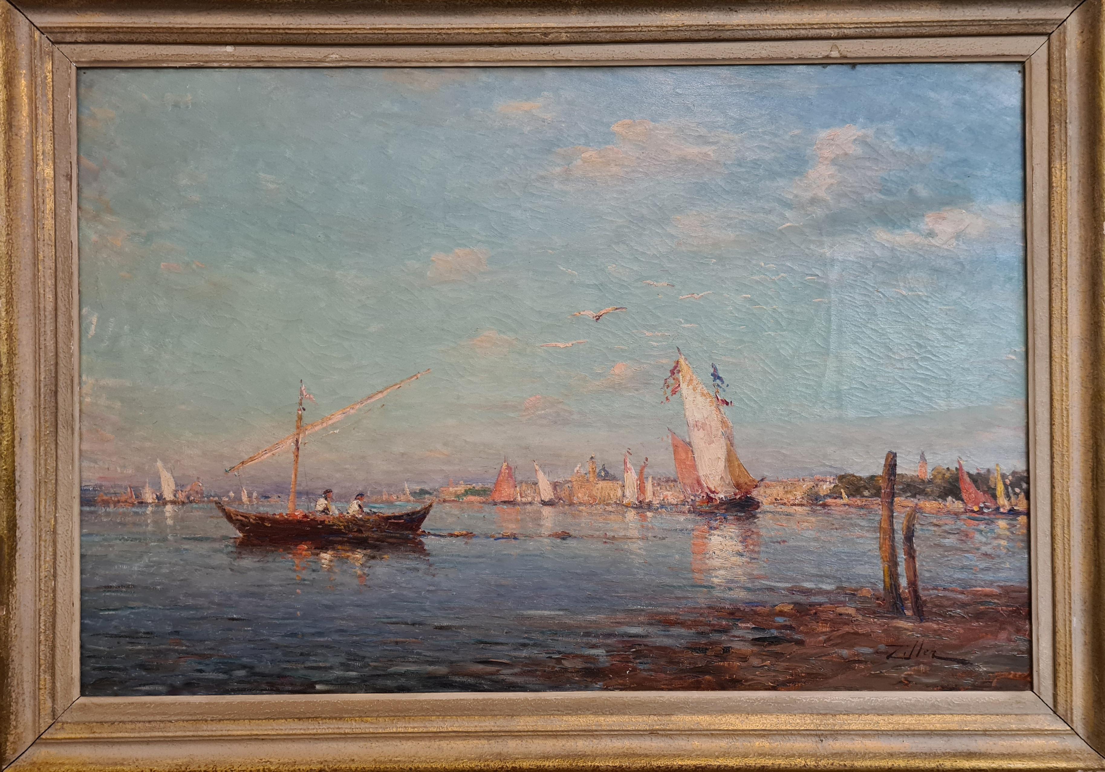 Boats on the the Venice Lagoon, Looking Towards the Doge's Palace and St Mark's. - Painting by Leopold Ziller