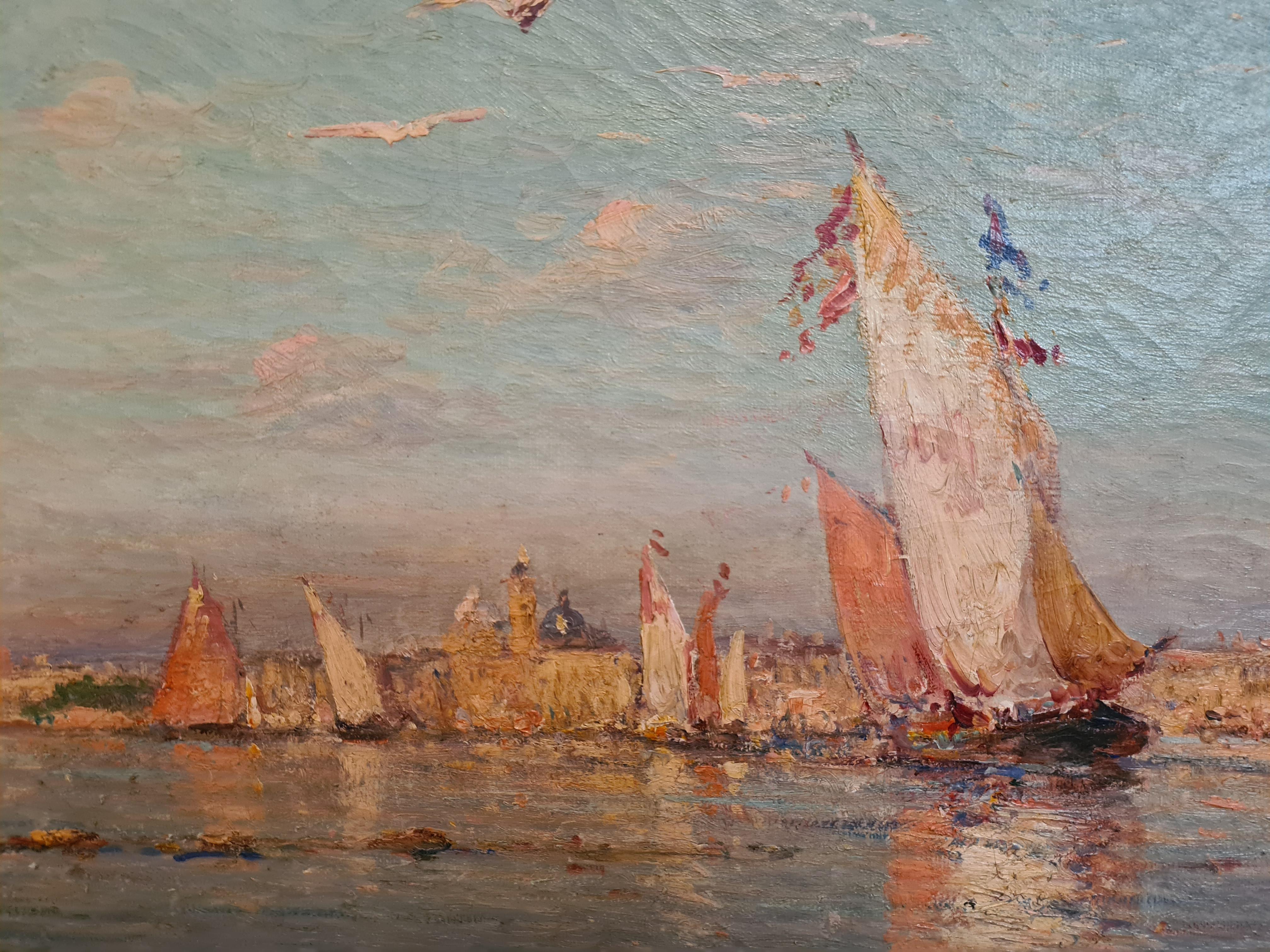 Boats on the the Venice Lagoon, Looking Towards the Doge's Palace and St Mark's. - Post-Impressionist Painting by Leopold Ziller