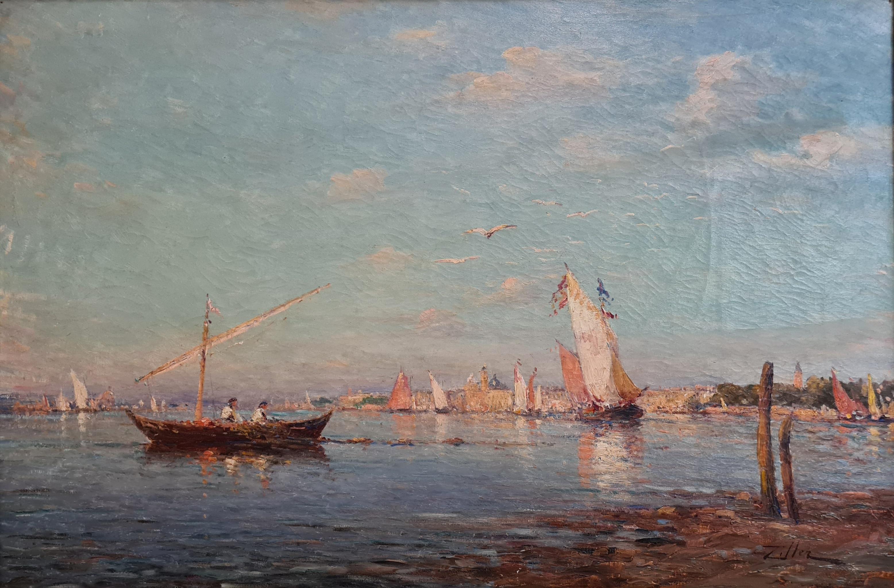 Leopold Ziller Landscape Painting - Boats on the the Venice Lagoon, Looking Towards the Doge's Palace and St Mark's.